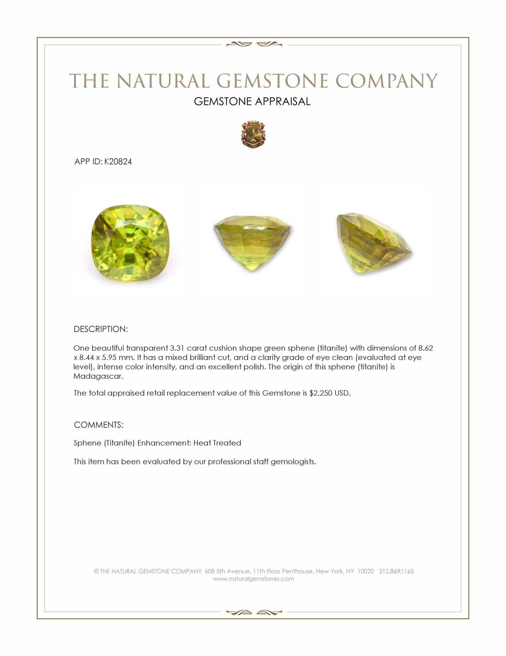 3.31 Ct. Sphene (Titanite) from Madagascar