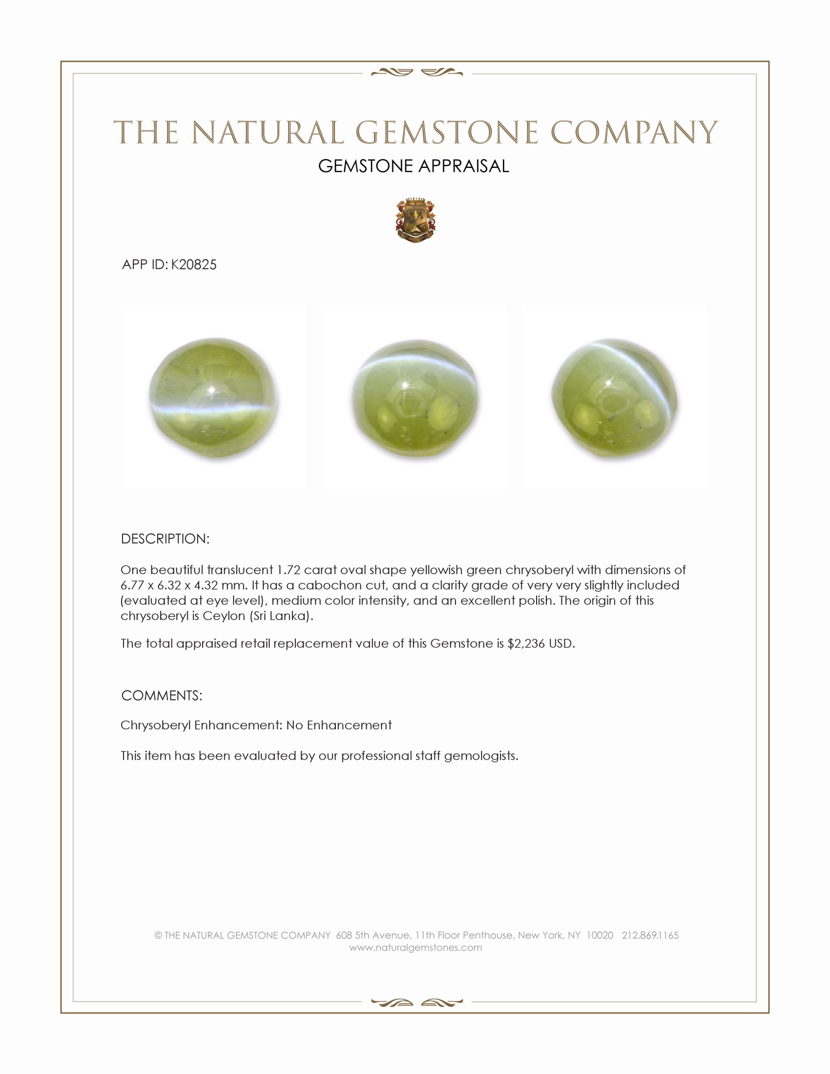 1.72 Ct. Yellowish Green Cabochon Chrysoberyl from Ceylon (Sri Lanka)