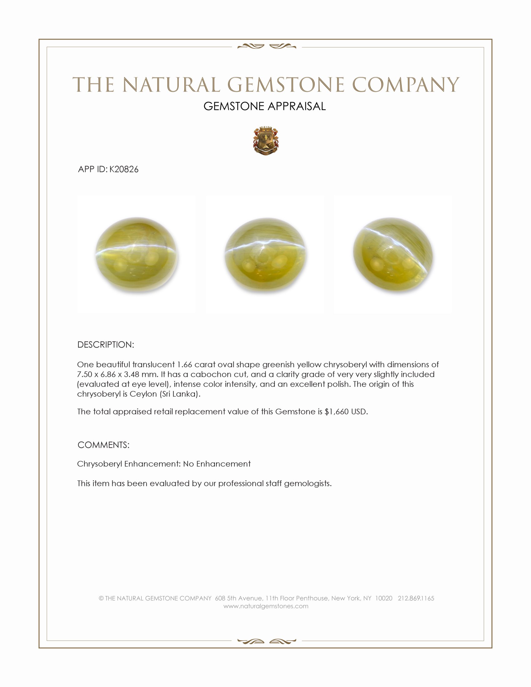 1.66 Ct. Cabochon Chrysoberyl from Ceylon (Sri Lanka)