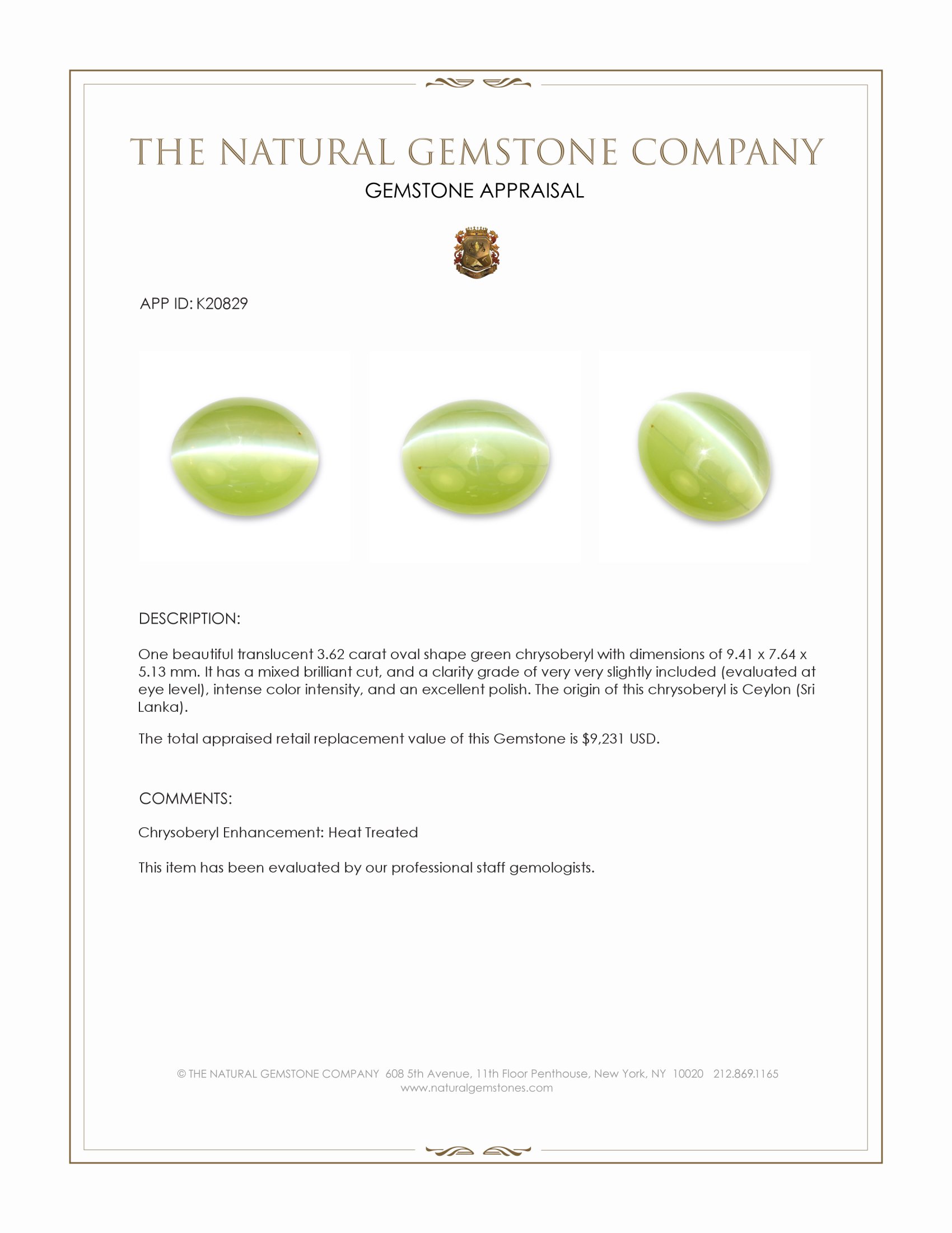 3.62 Ct. Chrysoberyl from Ceylon (Sri Lanka)