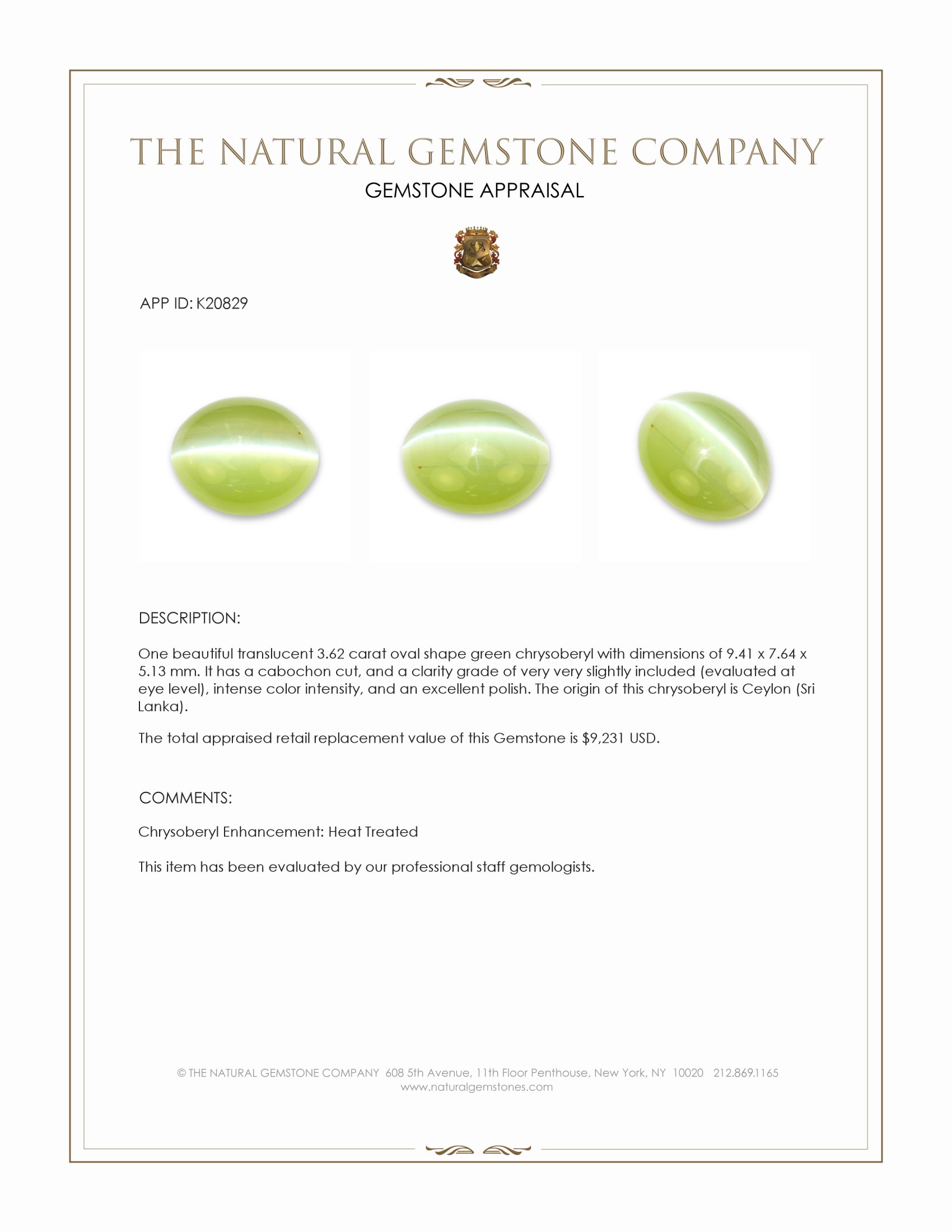 3.62 Ct. Green Cabochon Chrysoberyl from Ceylon (Sri Lanka)