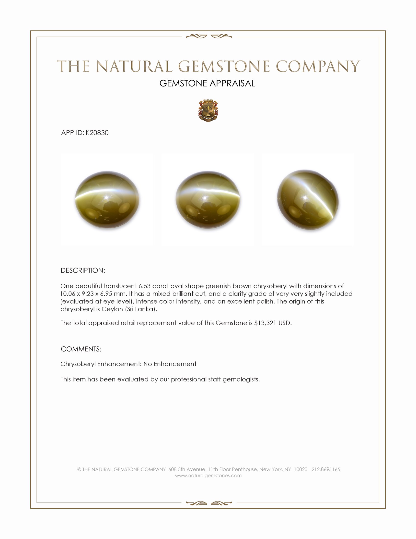 6.53 Ct. Greenish Brown Cabochon Chrysoberyl from Ceylon (Sri Lanka)