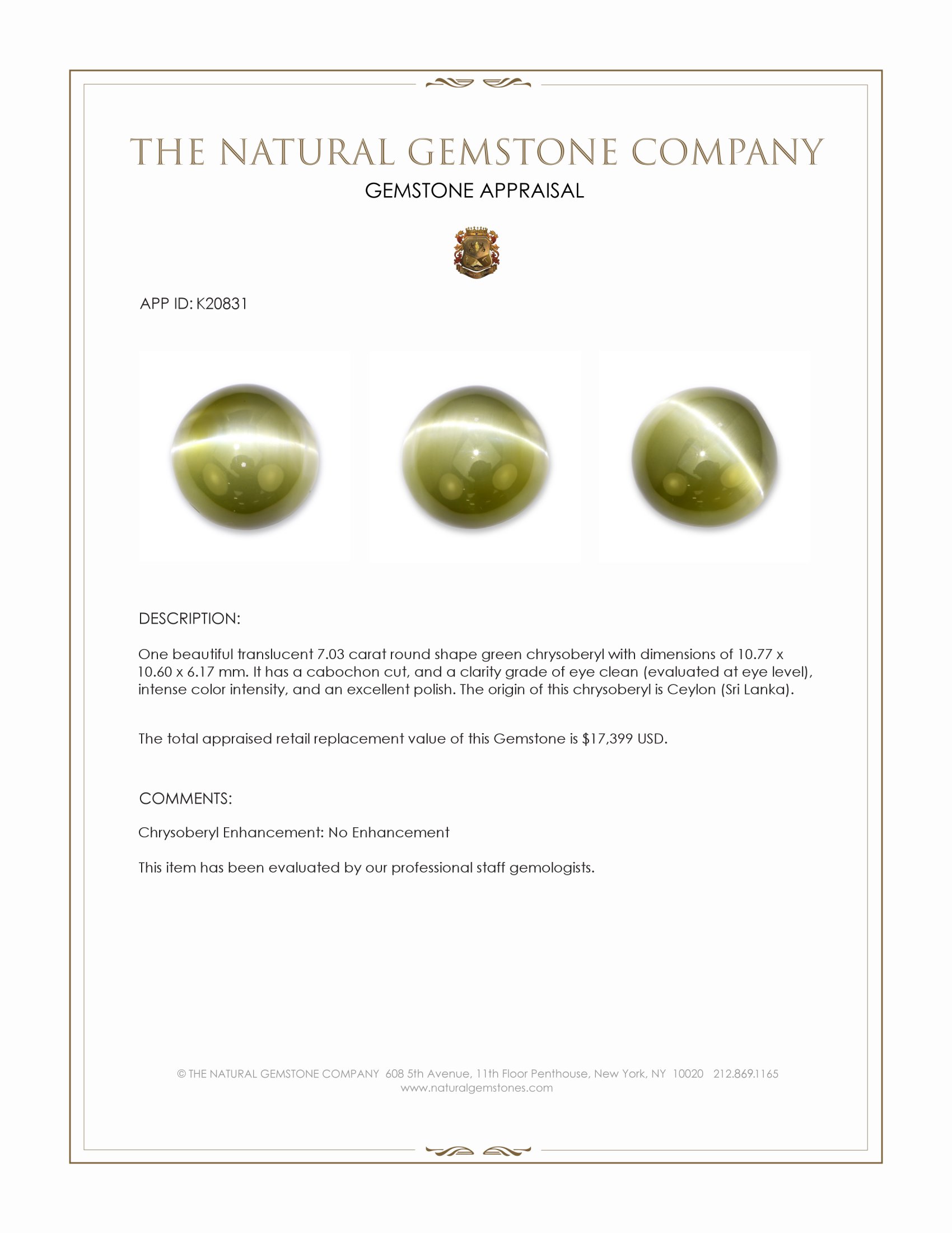 7.03 Ct. Green Cabochon Chrysoberyl from Ceylon (Sri Lanka)