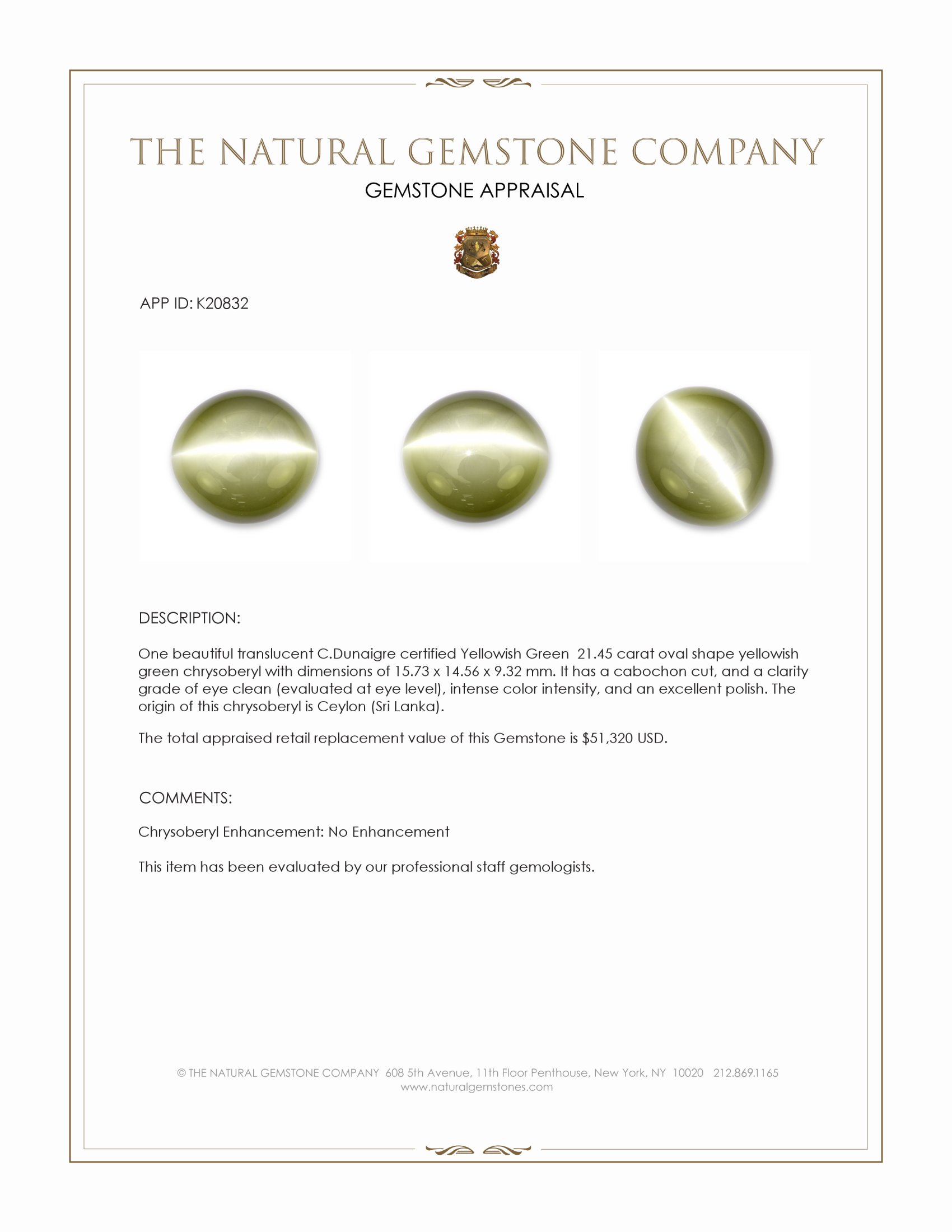 21.45 Ct. Cabochon Chrysoberyl from Ceylon (Sri Lanka)