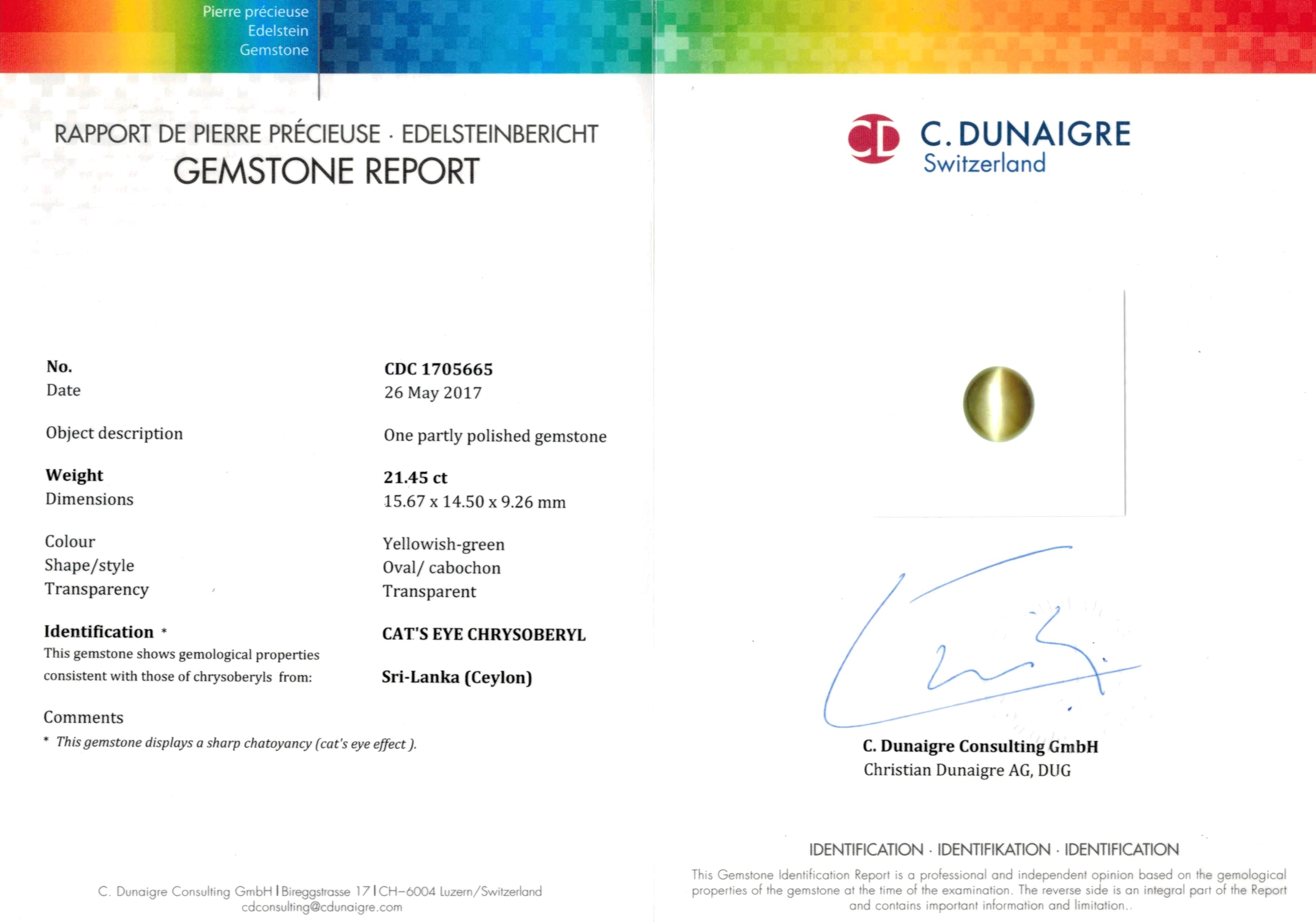21.45 Ct. Cabochon Chrysoberyl from Ceylon (Sri Lanka)