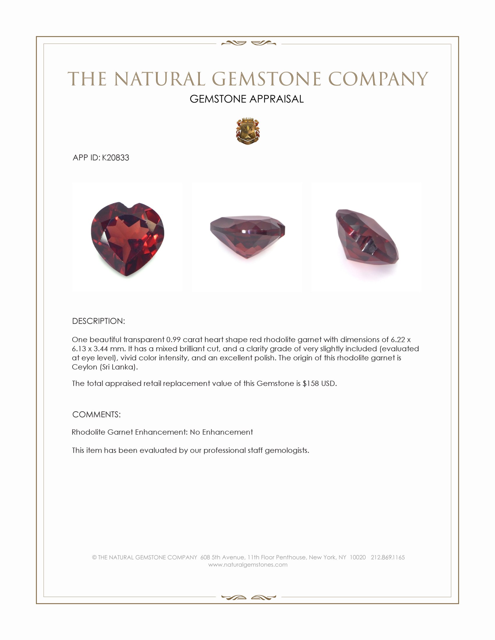 0.99 Ct. Red Rhodolite Garnet from Ceylon (Sri Lanka)