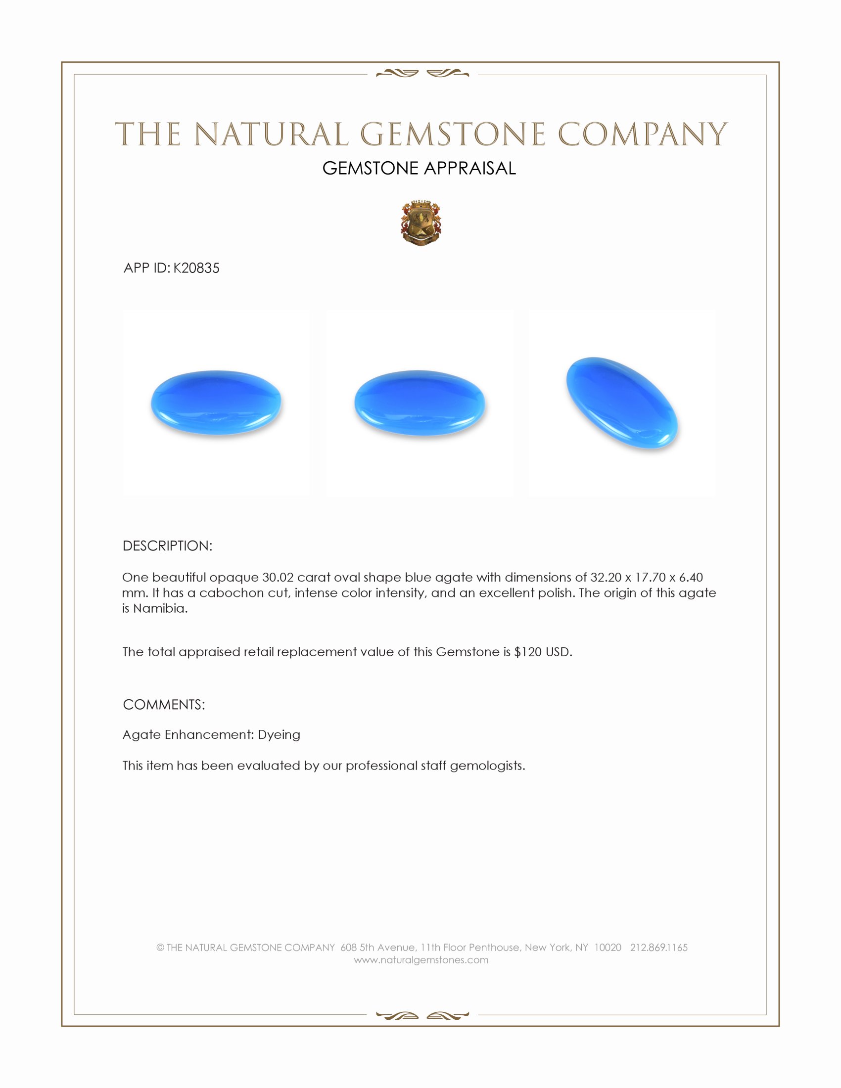 30.02 Ct. Blue Cabochon Agate from Namibia