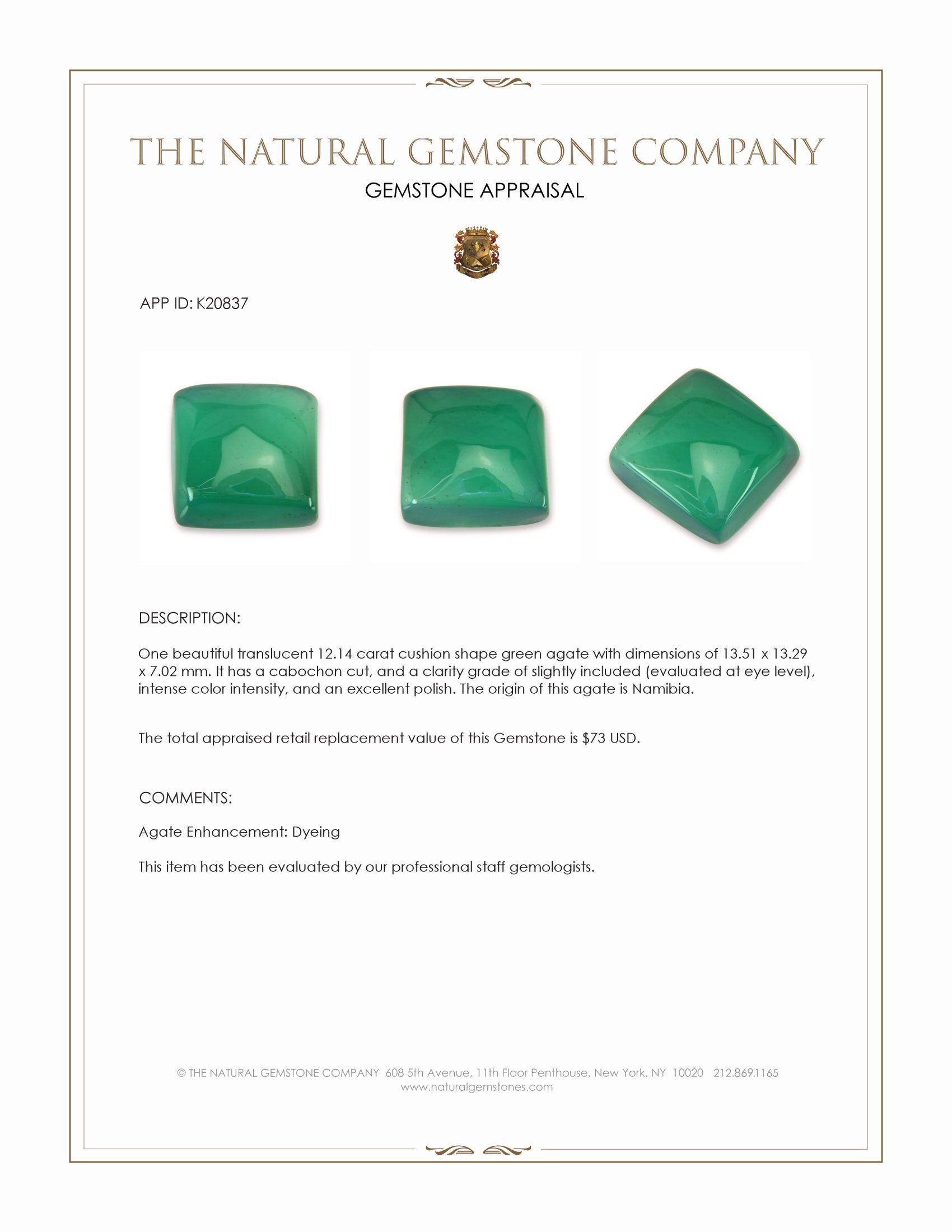 12.14 Ct. Green Cabochon Agate from Namibia