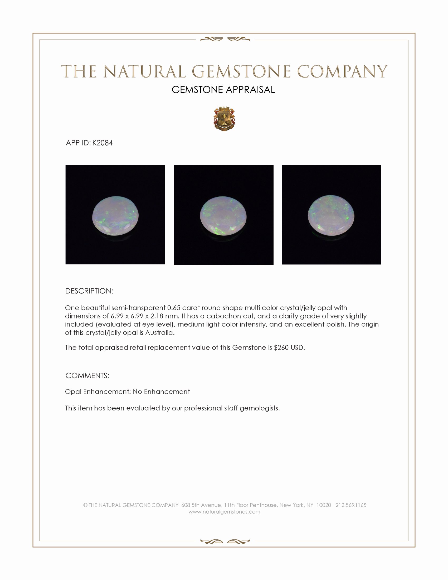 0.65 Ct. Cabochon Crystal/Jelly Opal from Australia