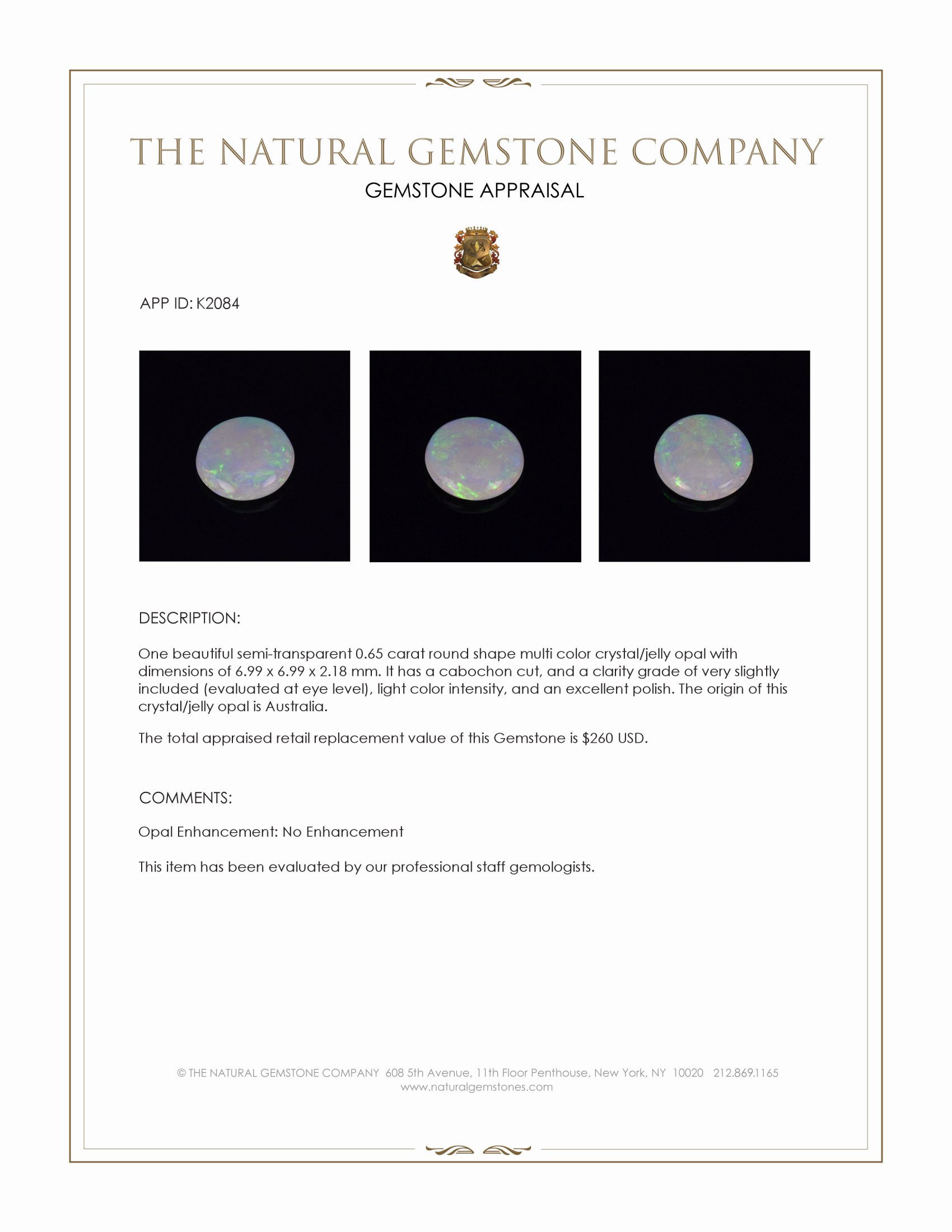 0.65 Ct. Cabochon Crystal/Jelly Opal from Australia