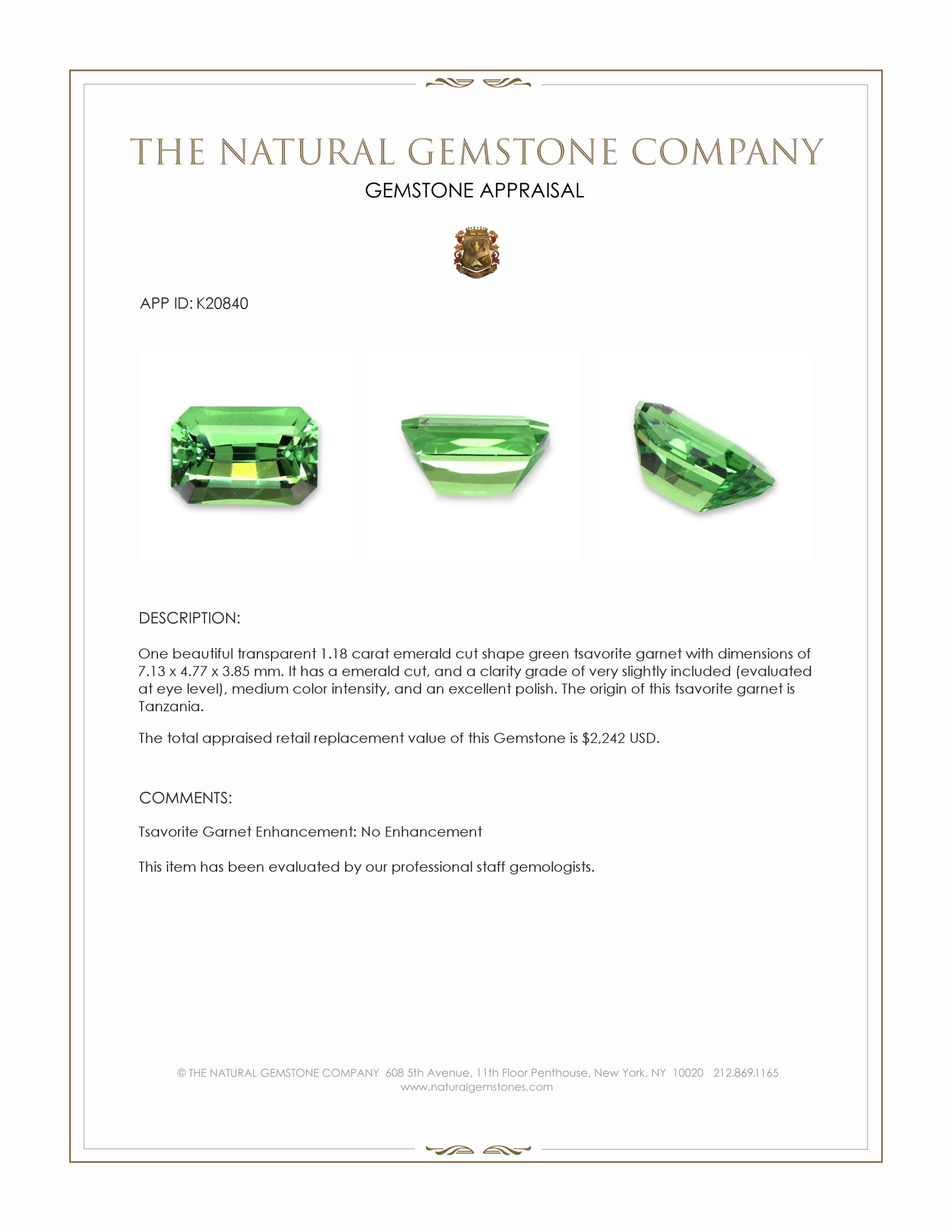 1.18 Ct. Tsavorite Garnet from Tanzania