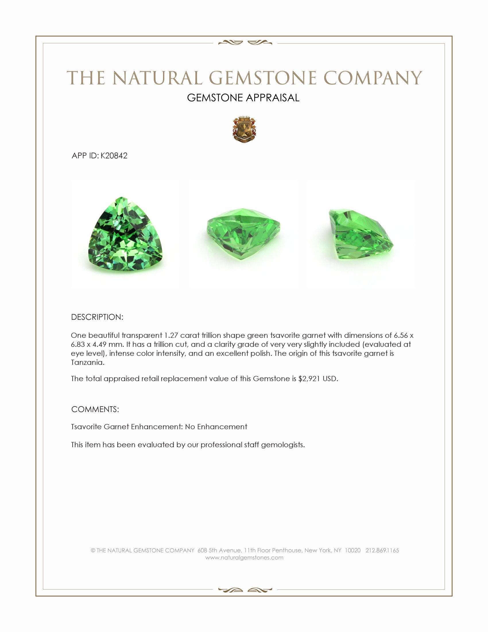 1.27 Ct. Tsavorite Garnet from Tanzania