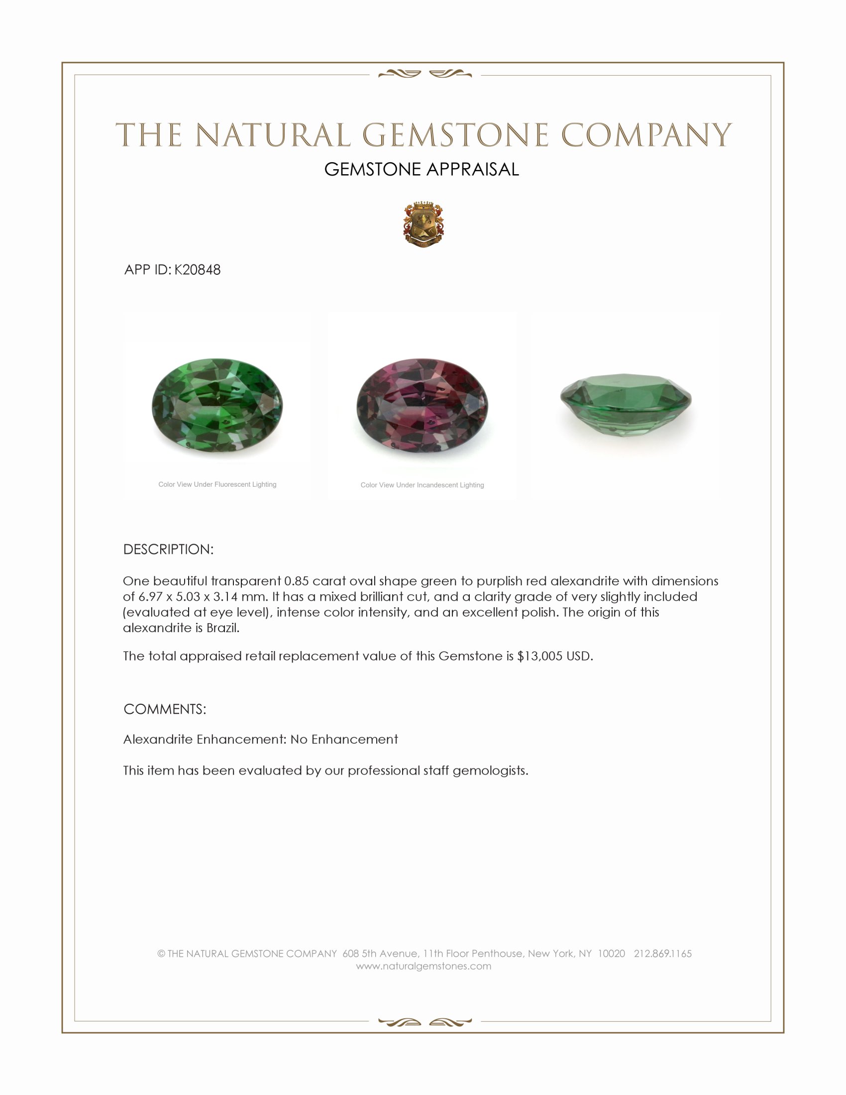 0.85 Ct. Alexandrite from Brazil