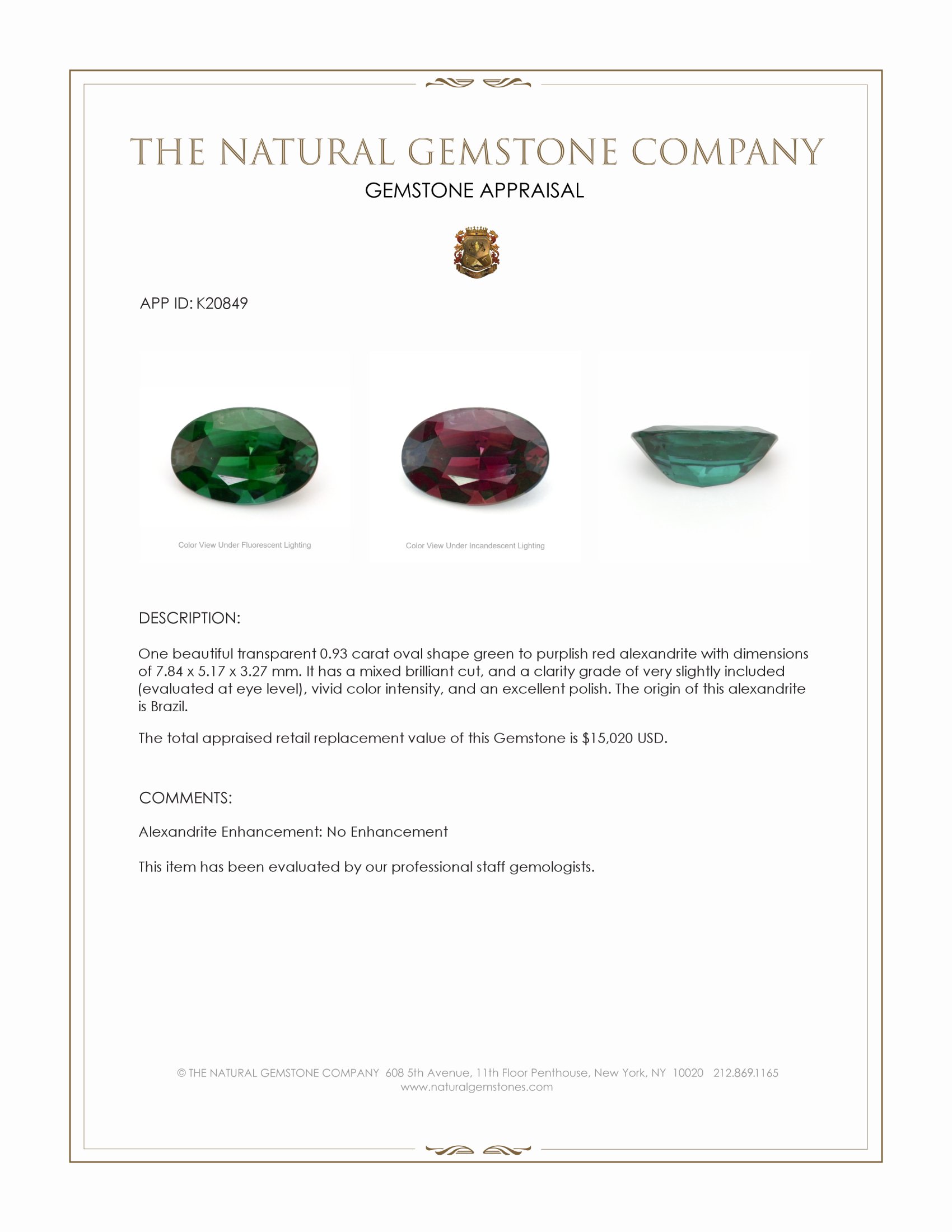 0.93 Ct. Alexandrite from Brazil