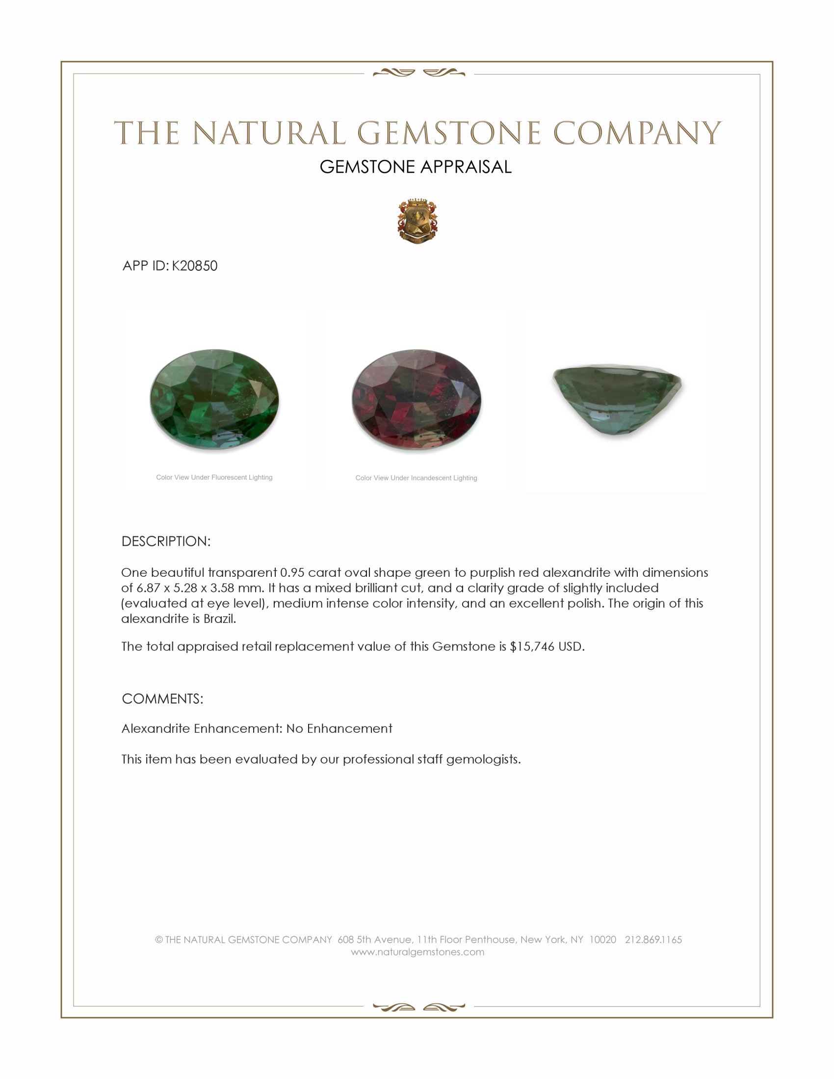 0.95 Ct. Alexandrite from Brazil