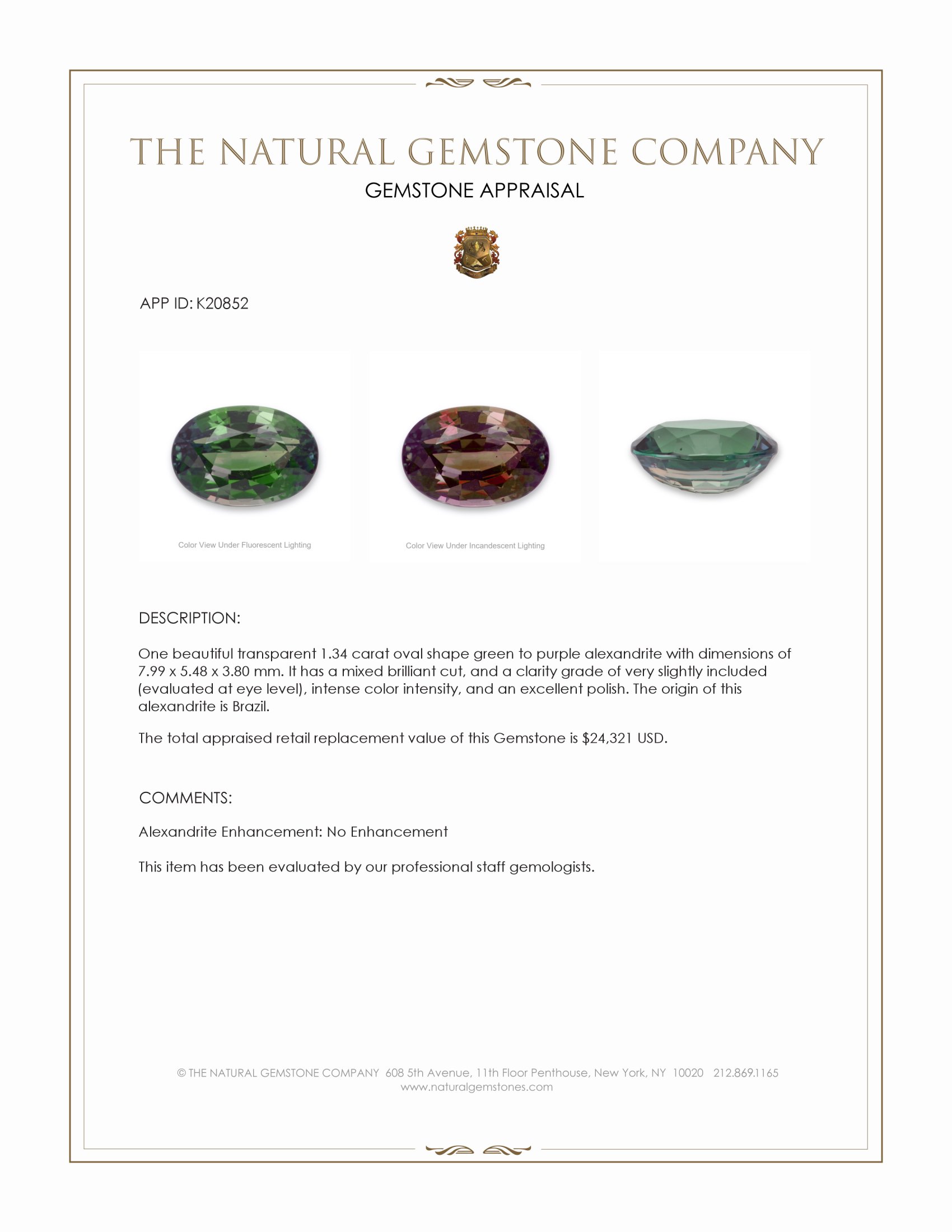 1.34 Ct. Alexandrite from Brazil