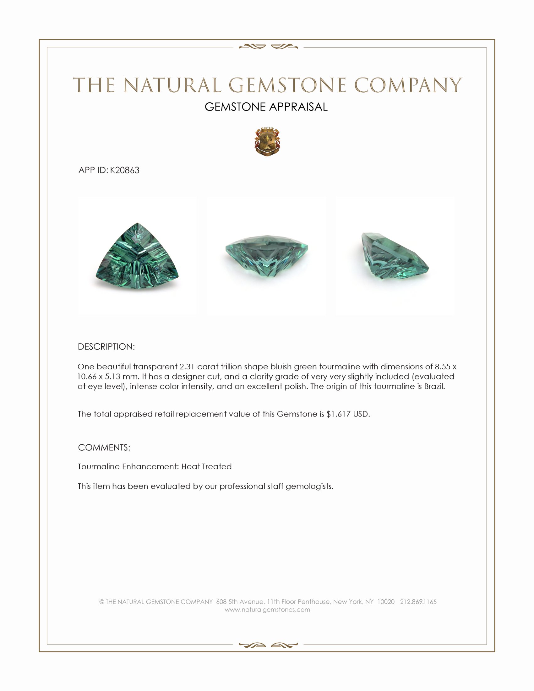 2.31 Ct. Bluish Green Tourmaline from Brazil