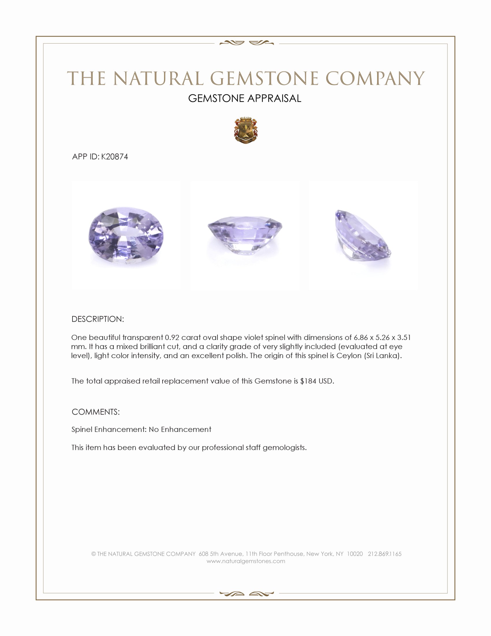 0.92 Ct. Violet Spinel from Ceylon (Sri Lanka)