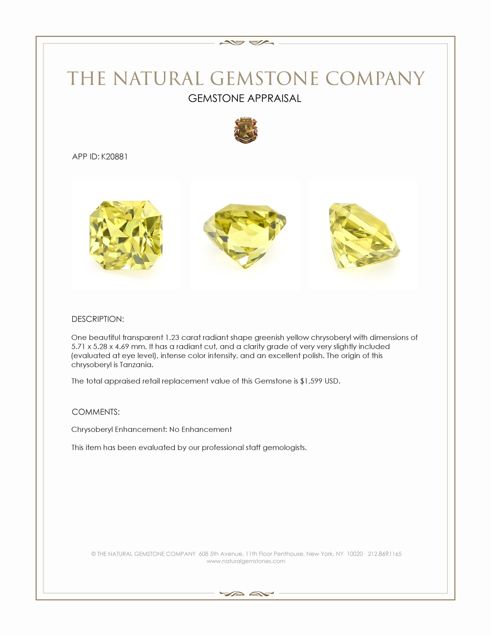 1.23 Ct. Chrysoberyl from Tanzania