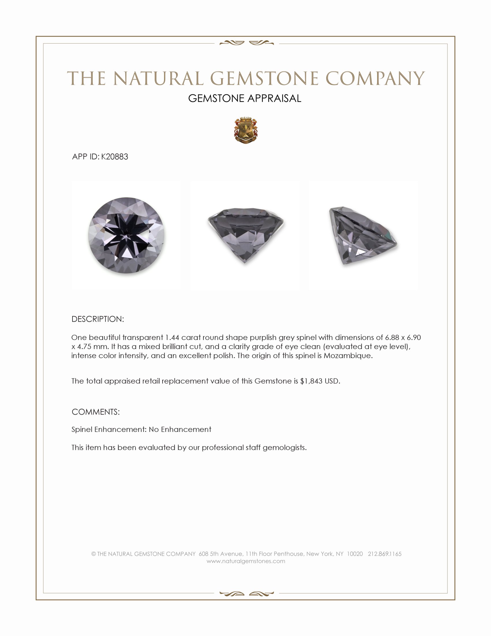 1.44 Ct. Purplish Grey Spinel from Mozambique