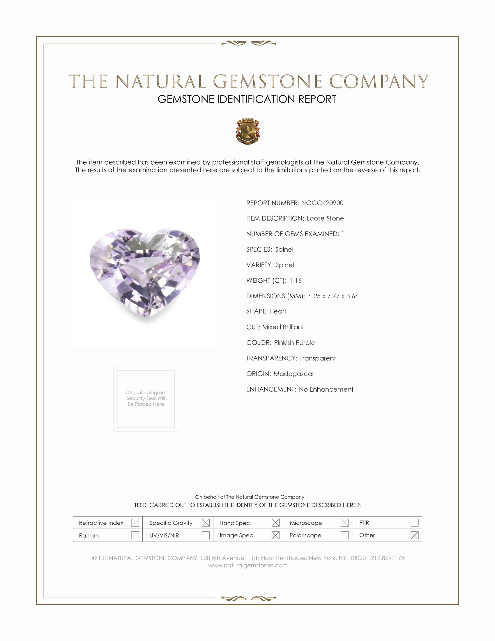 1.16 Ct. Pinkish Purple Spinel from Madagascar