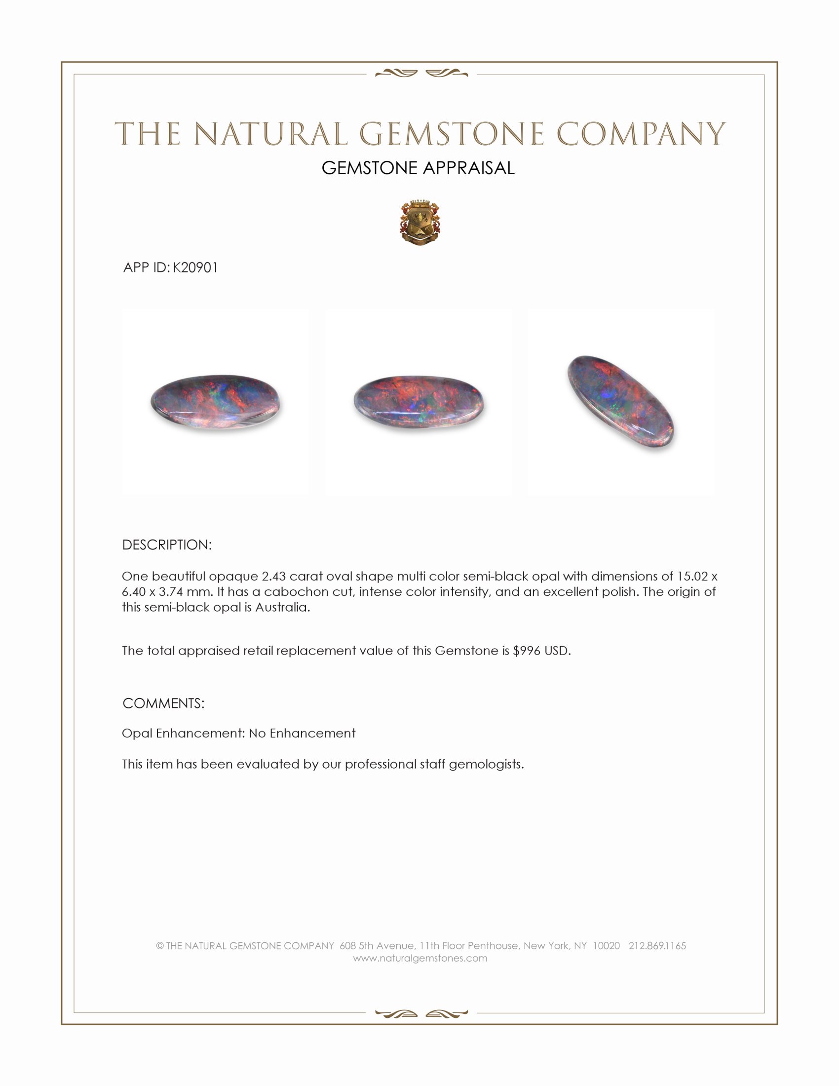 2.43 Ct. Cabochon Semi-Black Opal from Australia