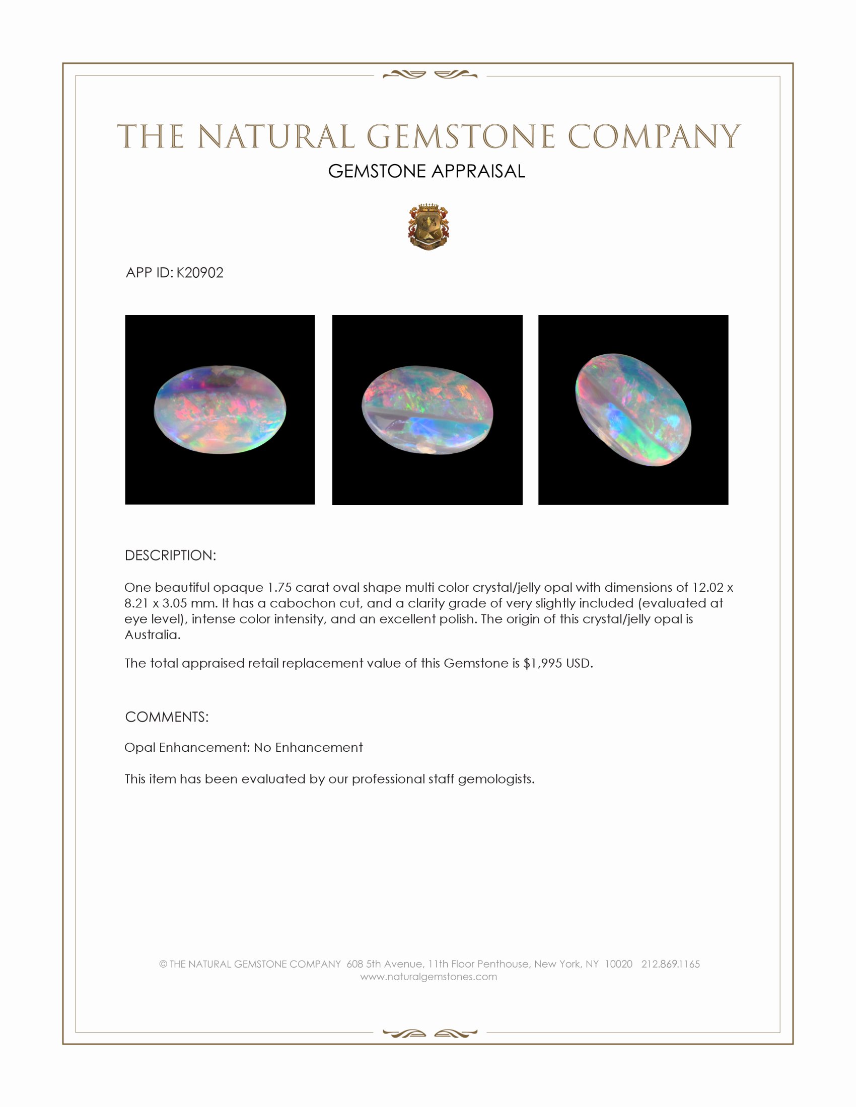 1.75 Ct. Cabochon Crystal/Jelly Opal from Australia