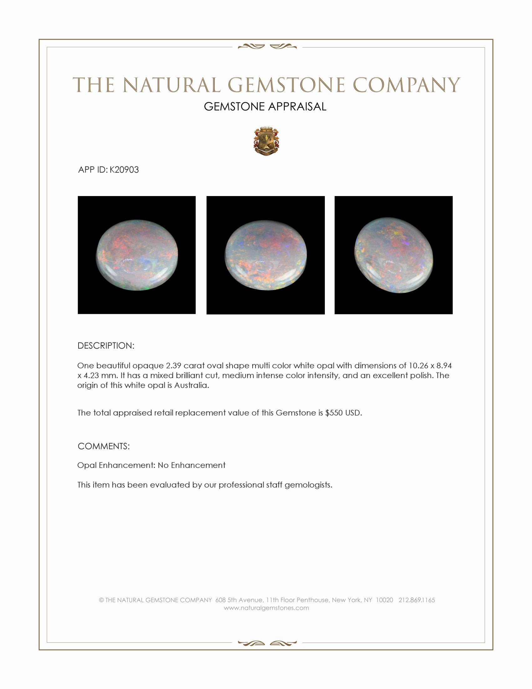 2.39 Ct. Multi Color White Opal (Light Opal) from Australia