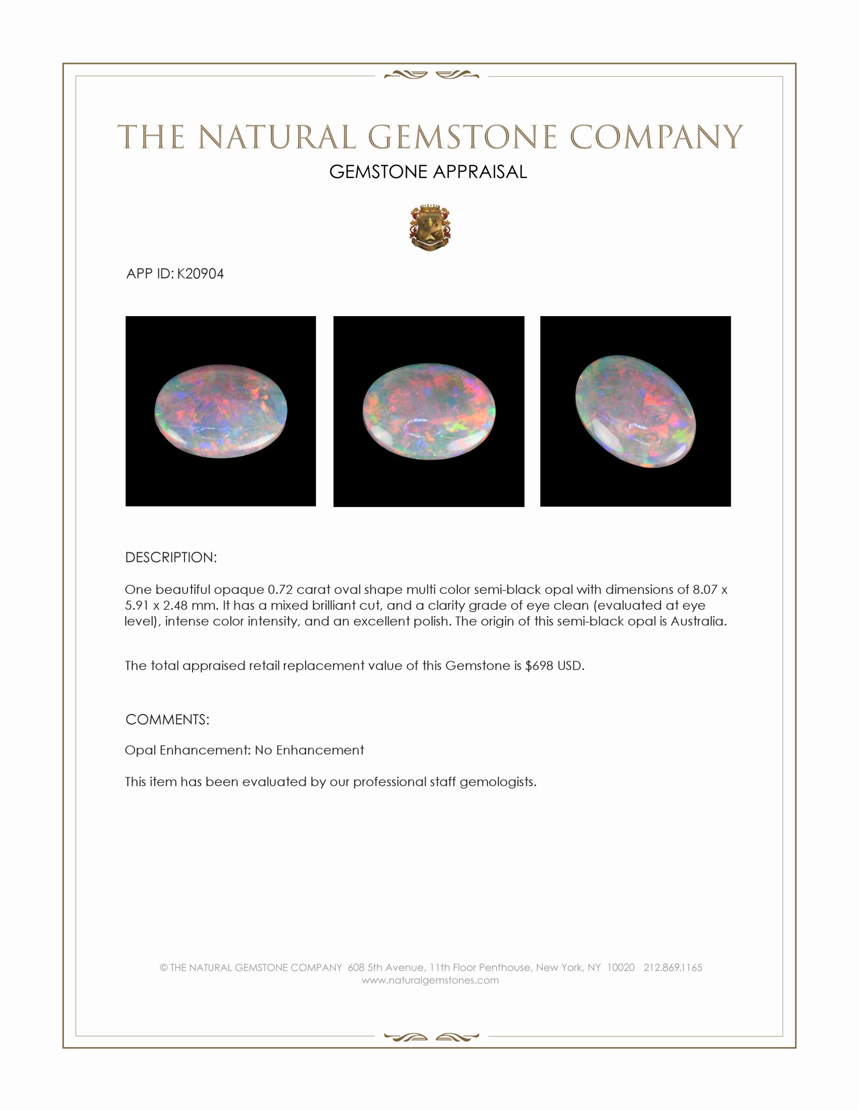 0.72 Ct. Semi-Black Opal from Australia