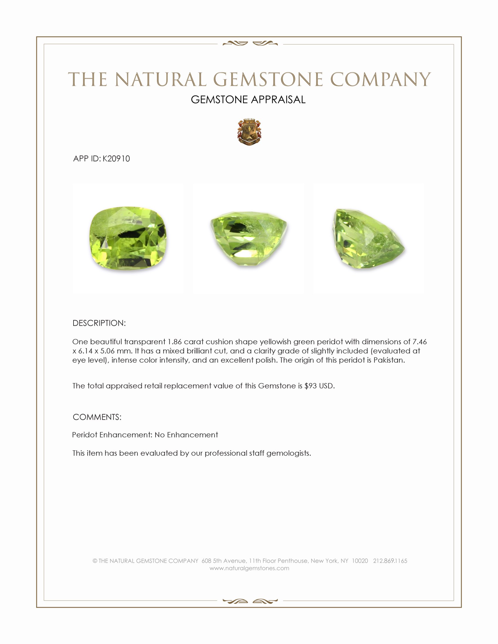 1.86 Ct. Yellowish Green Peridot from Pakistan