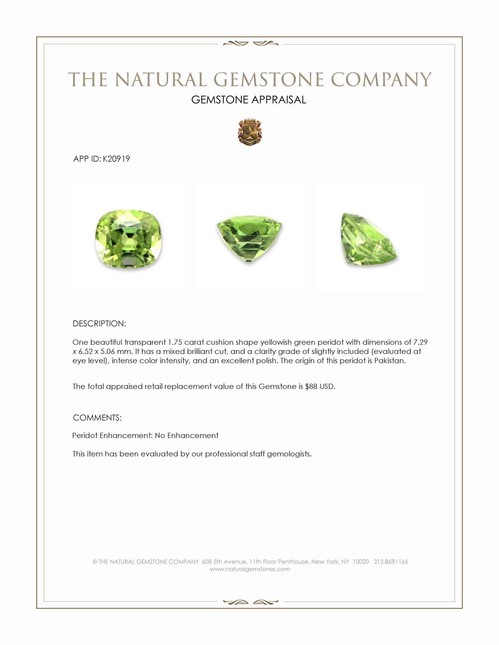 1.75 Ct. Yellowish Green Peridot from Pakistan