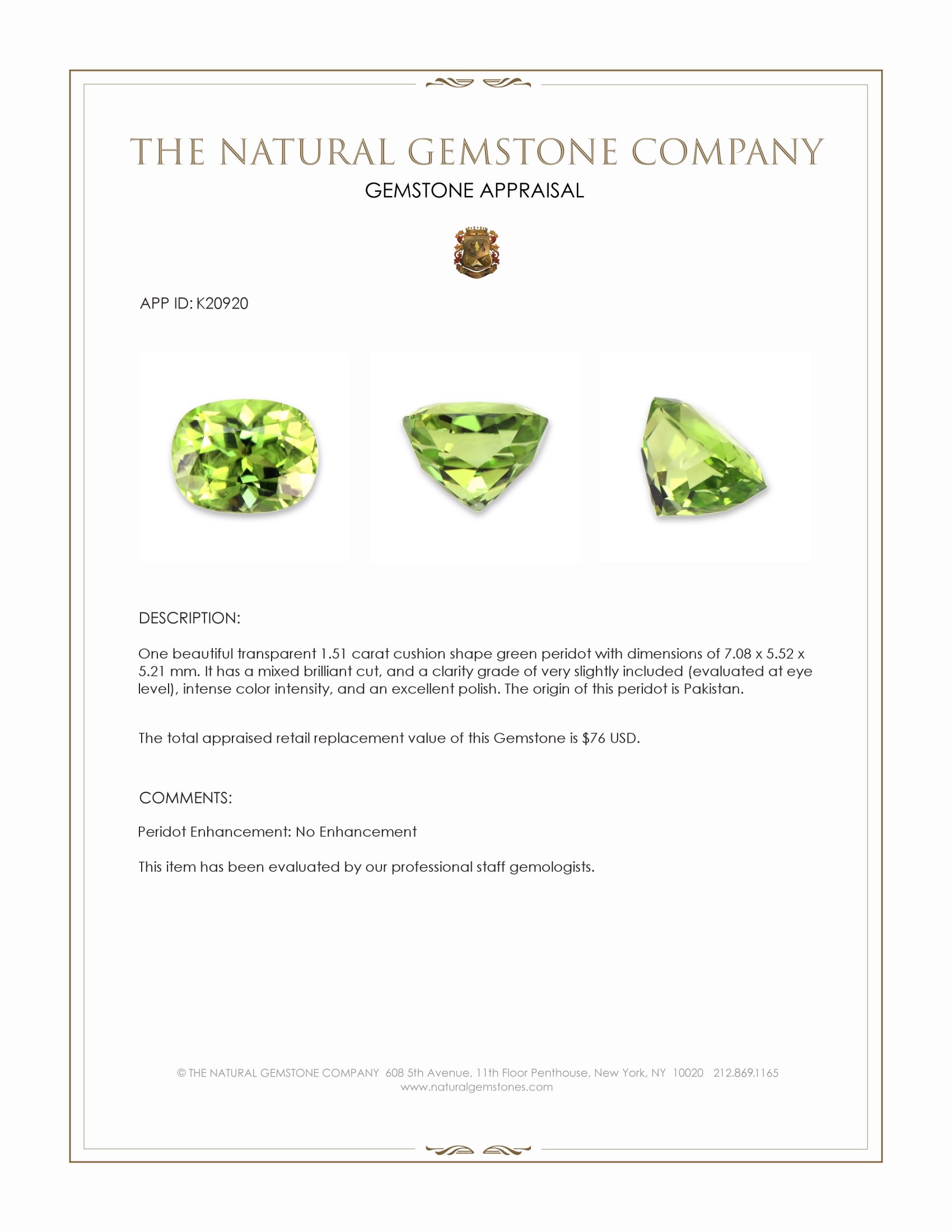 1.51 Ct. Green (Lime Green) Peridot from Pakistan