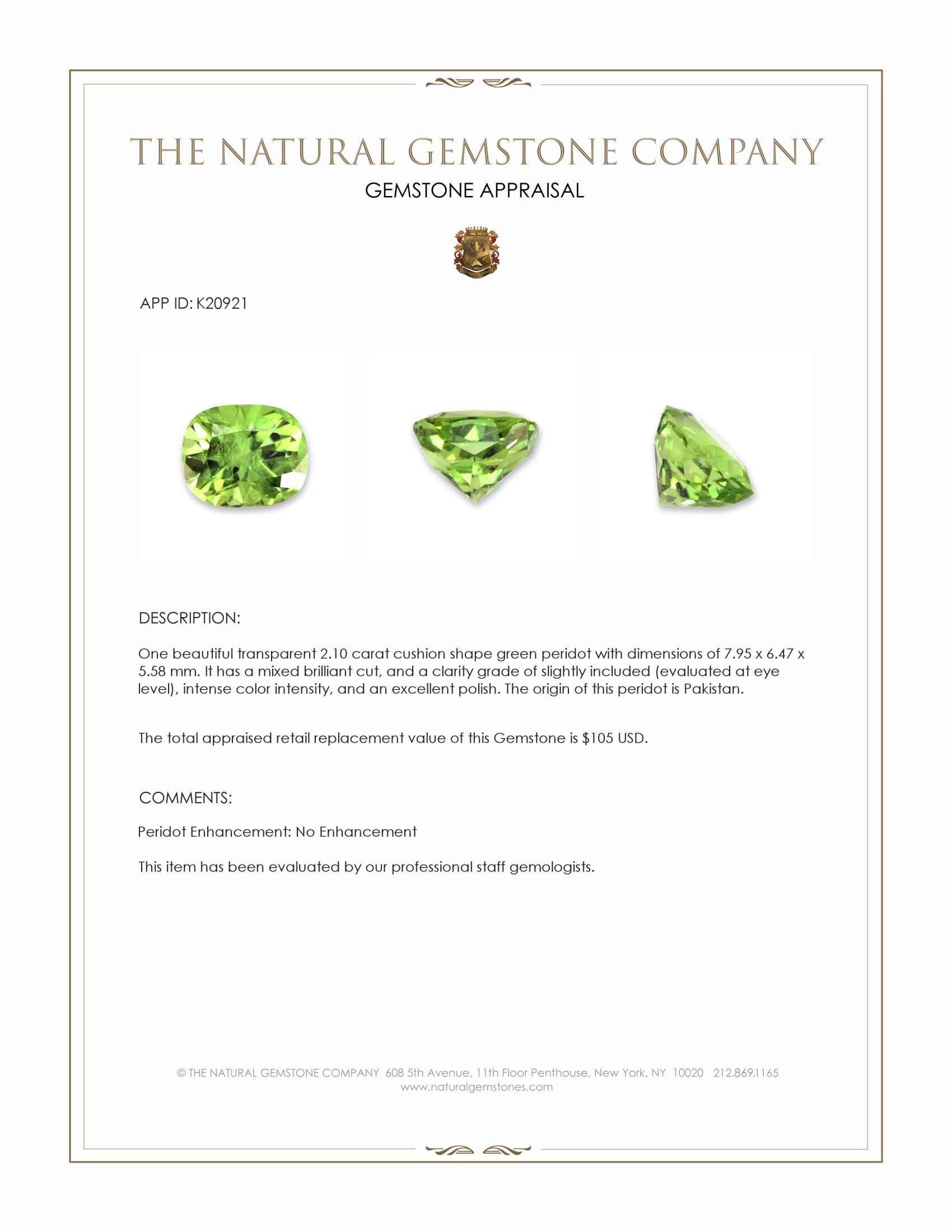 2.10 Ct. Green (Lime Green) Peridot from Pakistan