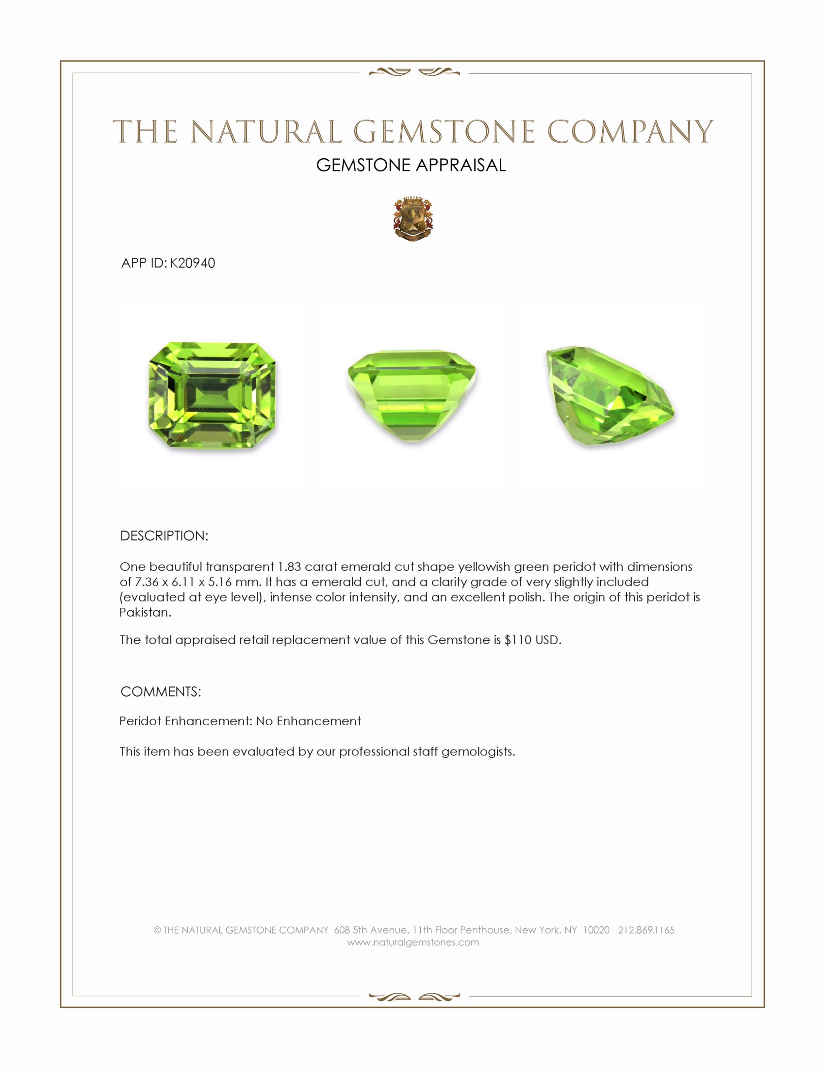 1.83 Ct. Yellowish Green Peridot from Pakistan