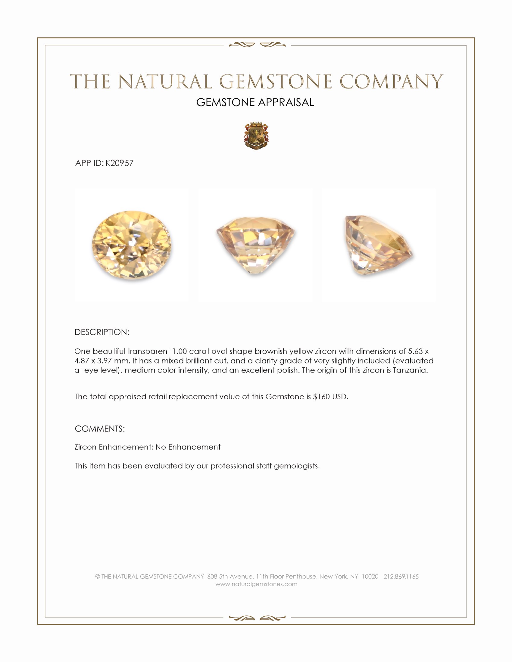 1.00 Ct. Brownish Yellow Zircon from Tanzania