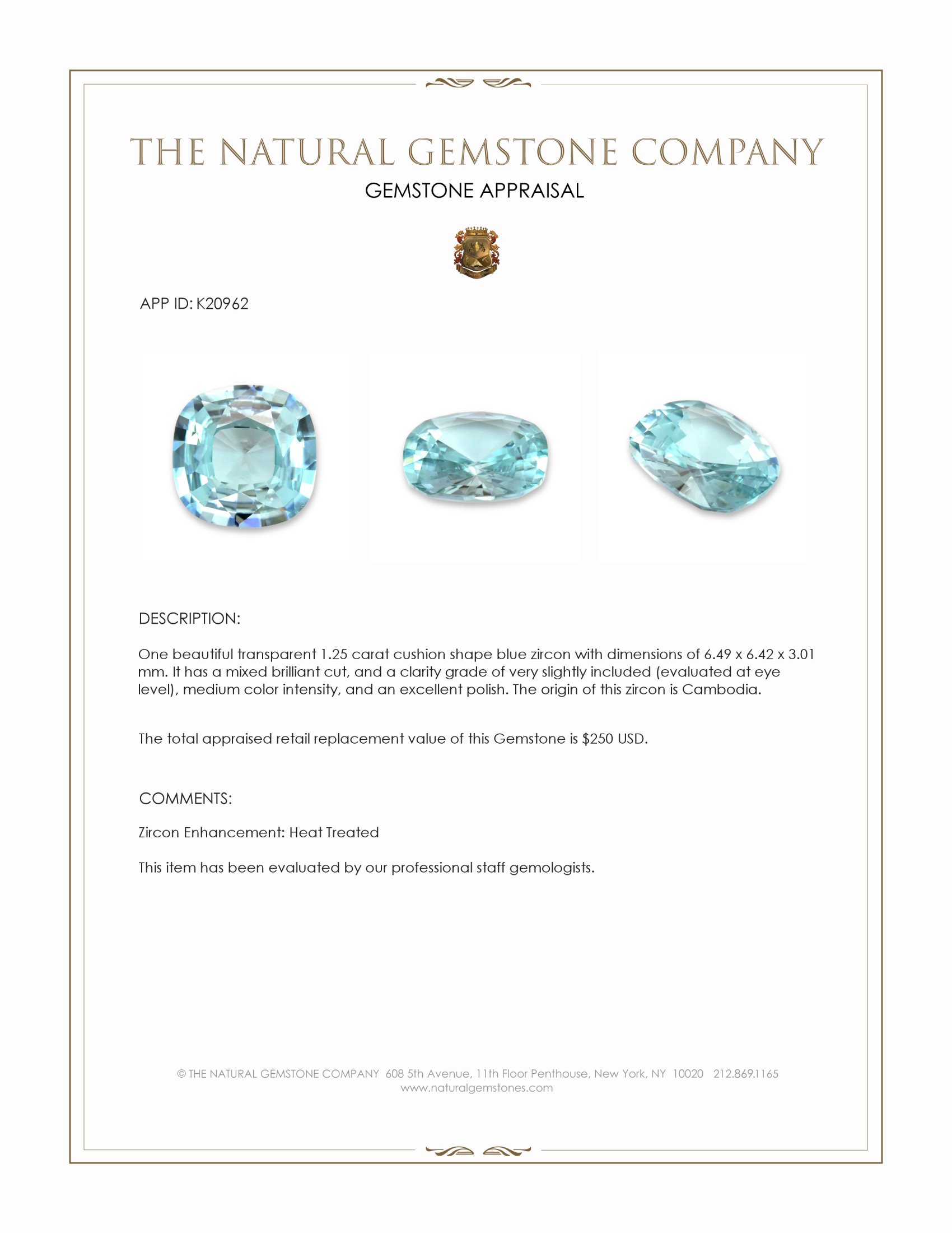 1.25 Ct. Greenish Blue Zircon from Cambodia