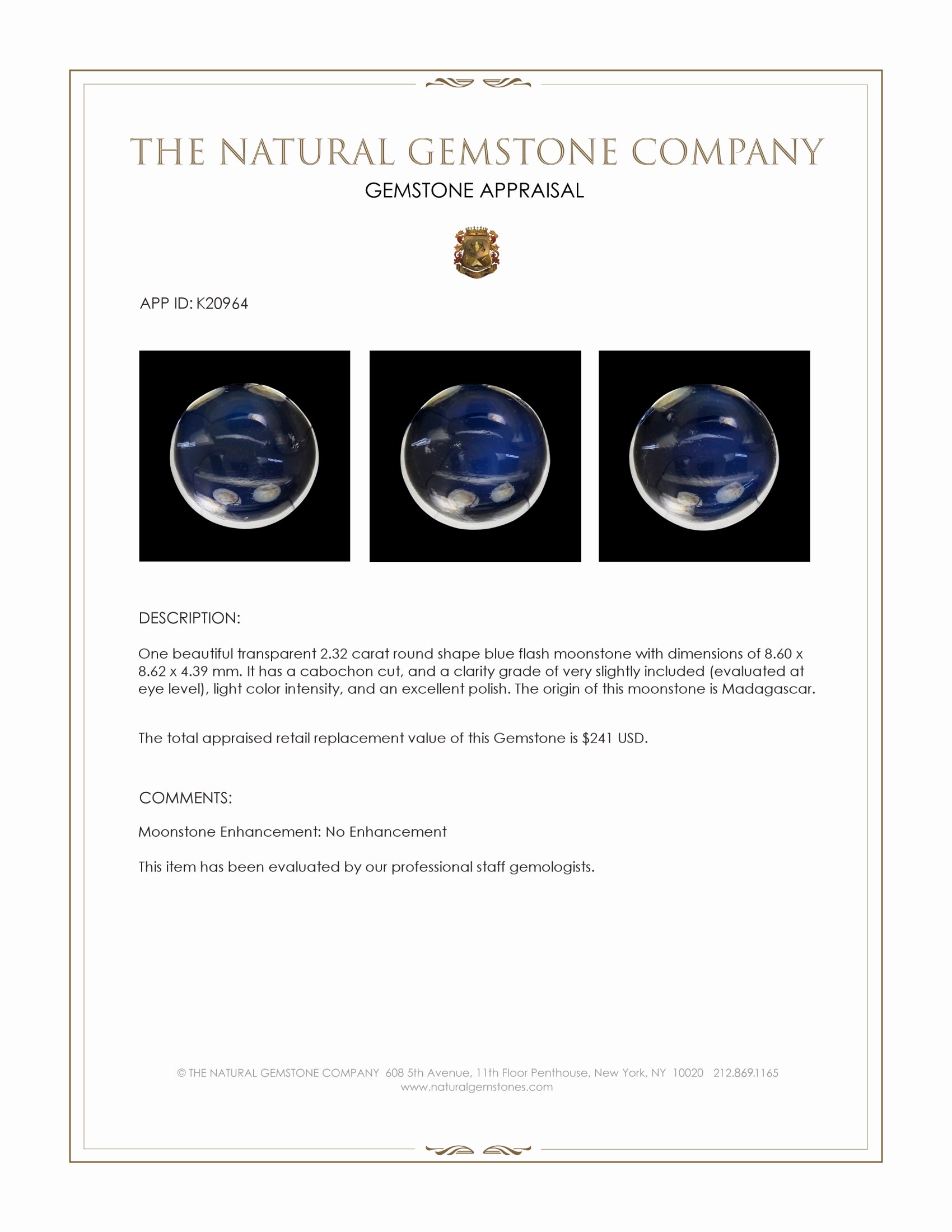 2.32 Ct. Blue Flash Cabochon Moonstone from Madagascar