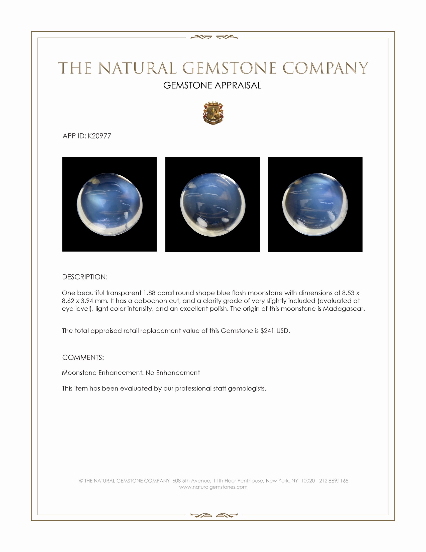 1.88 Ct. Cabochon Moonstone from Madagascar