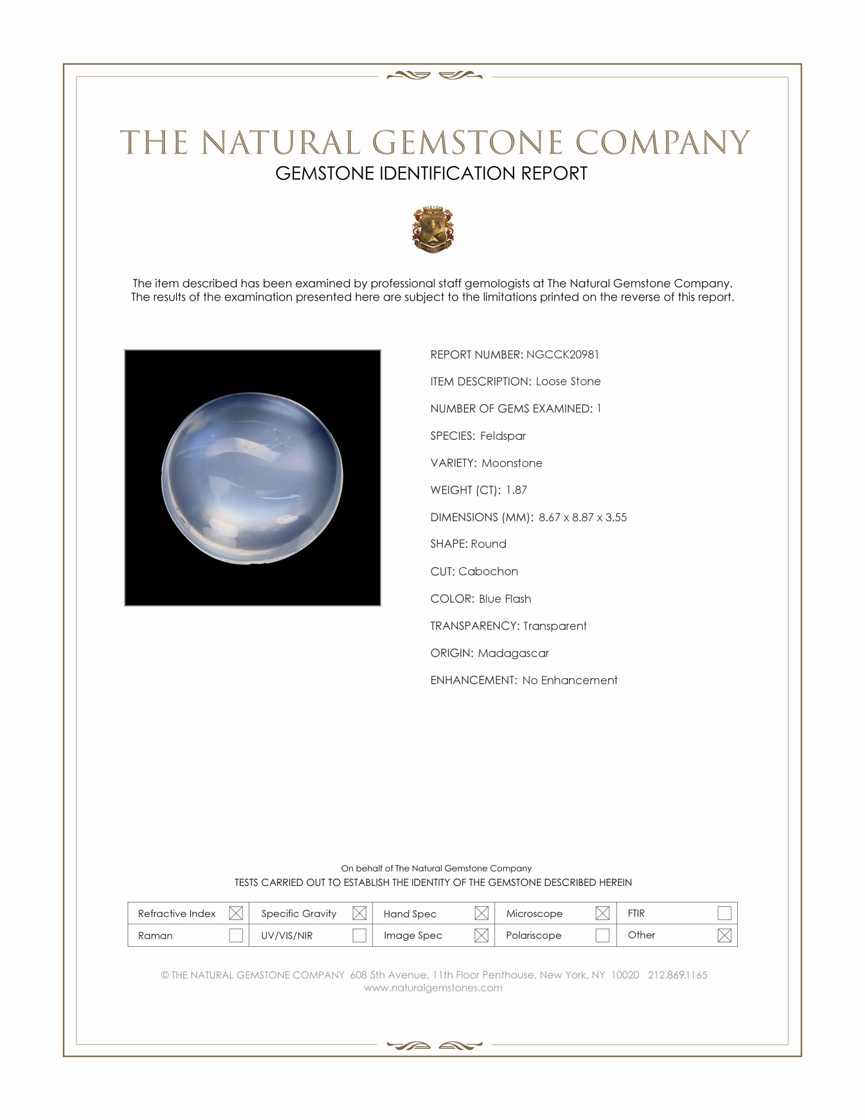 1.87 Ct. Blue Flash Cabochon Adularescence Moonstone from Madagascar