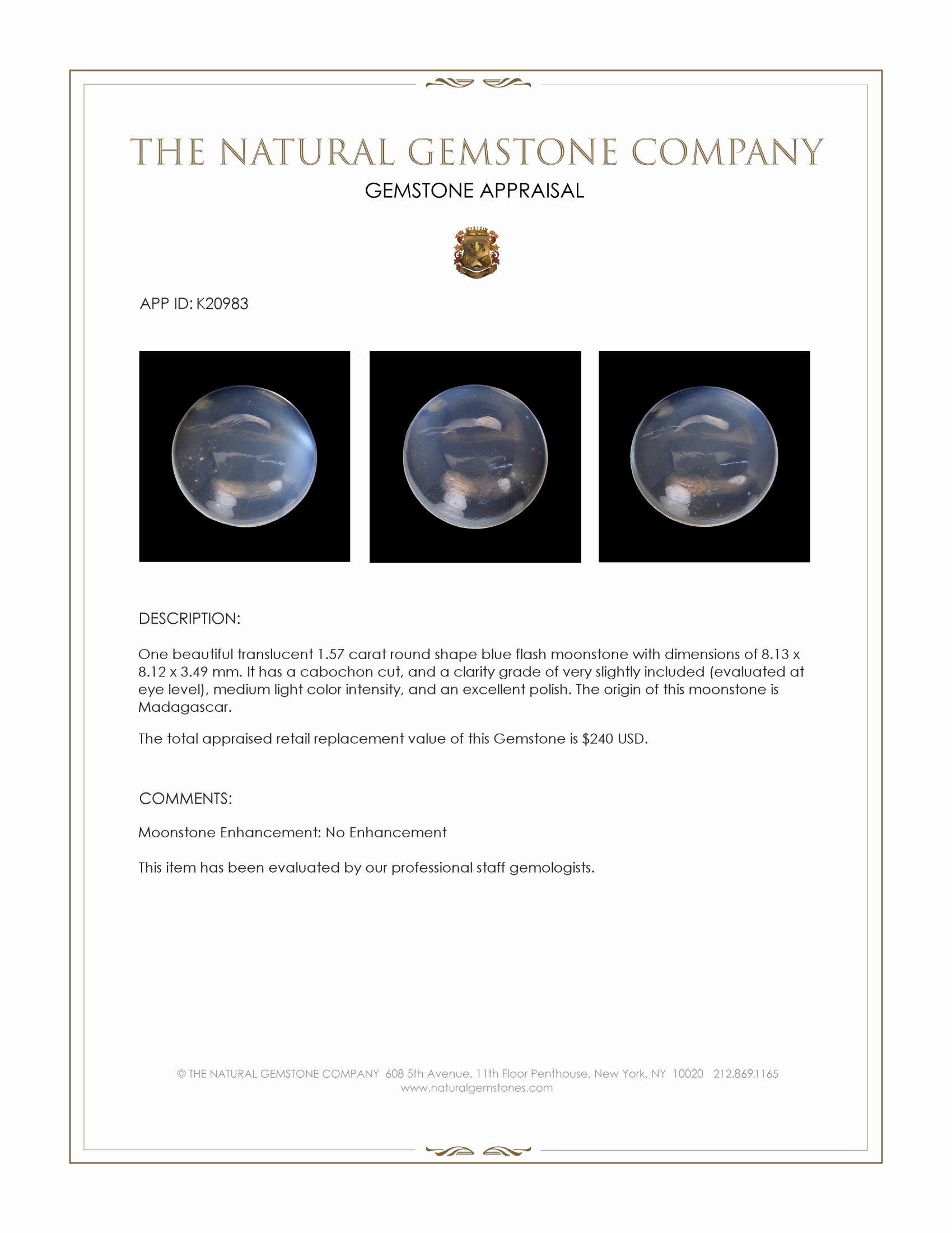 1.57 Ct. Cabochon Moonstone from Madagascar