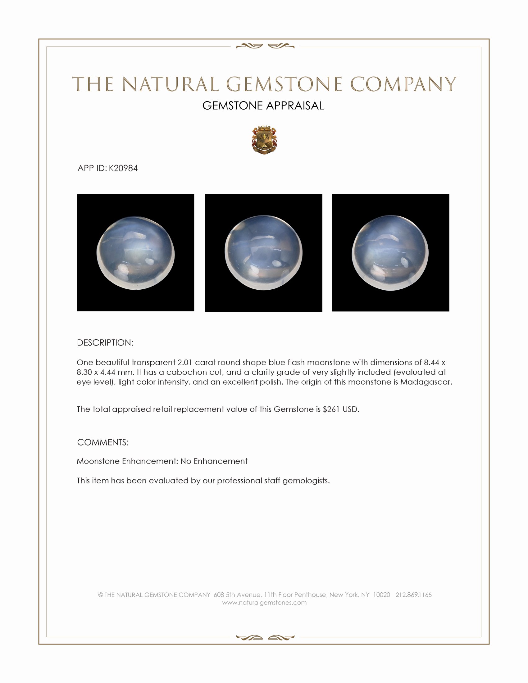 2.01 Ct. Blue Flash Cabochon Moonstone from Madagascar