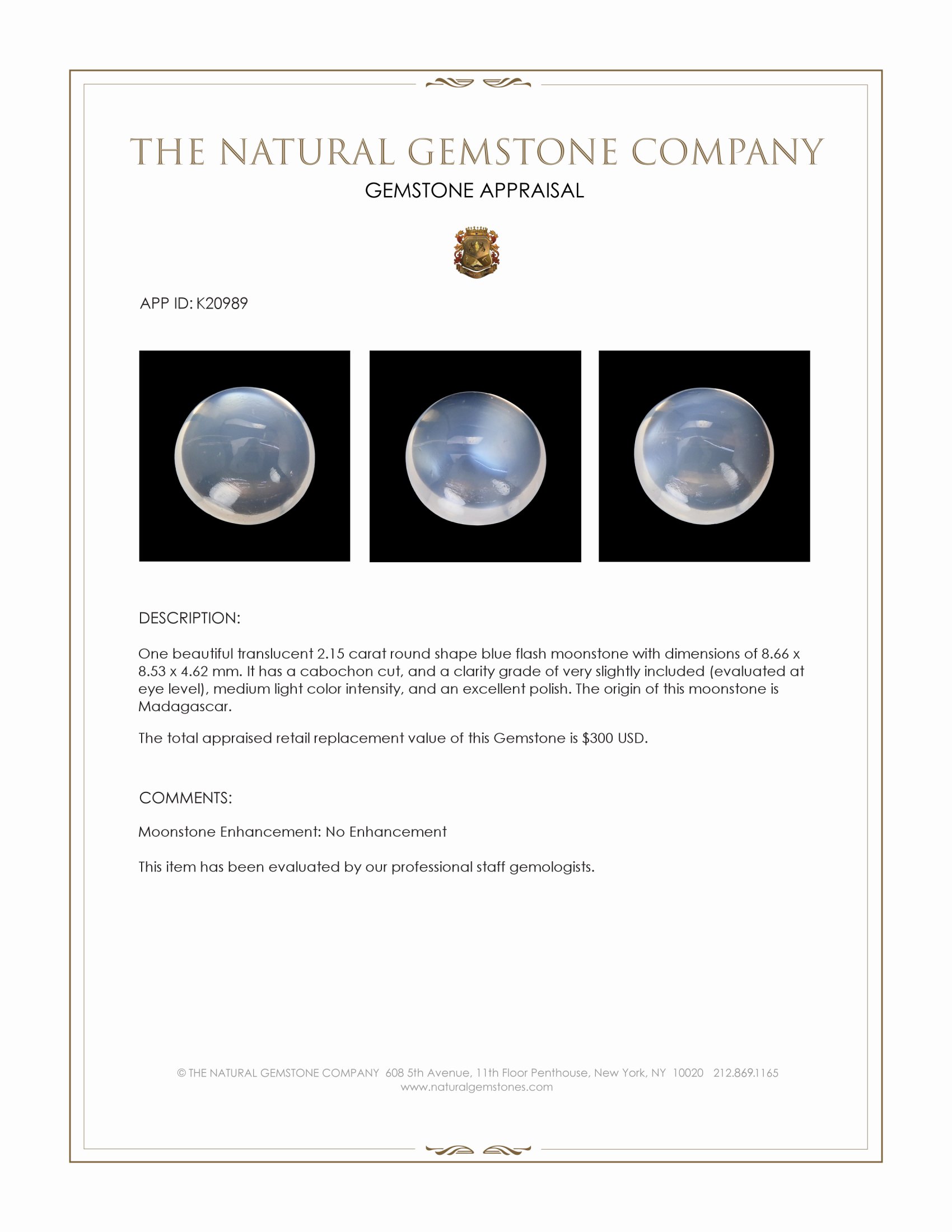 2.15 Ct. Cabochon Moonstone from Madagascar