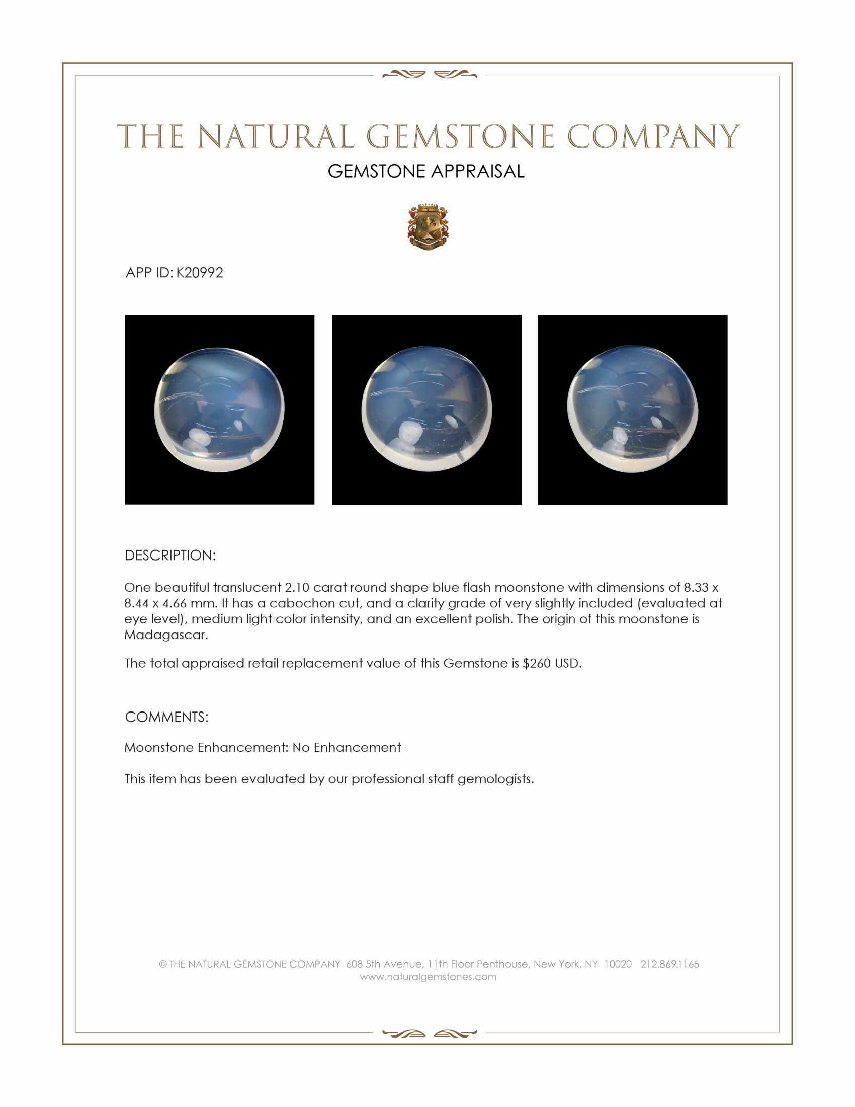 2.10 Ct. Cabochon Moonstone from Madagascar