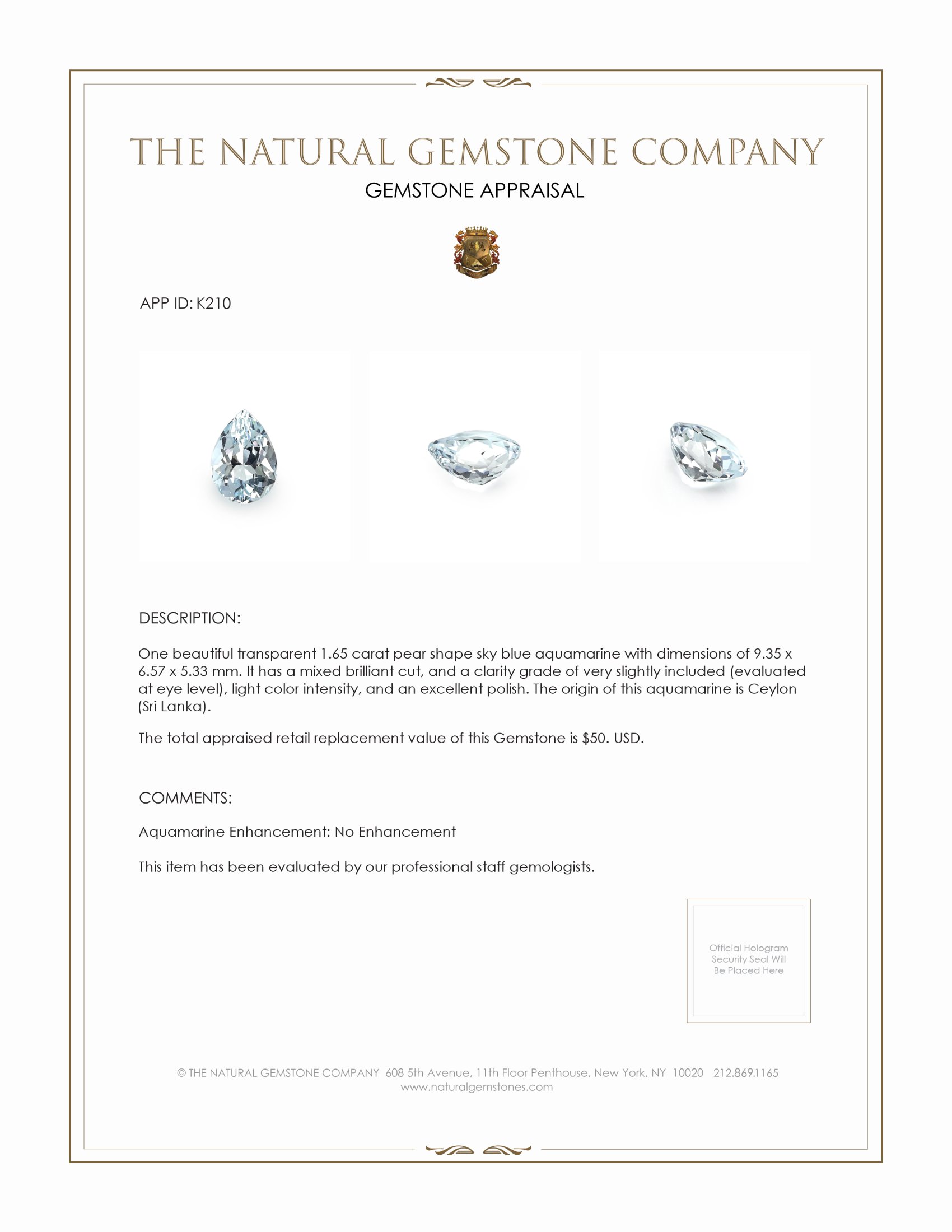 1.65 Ct. Aquamarine from Ceylon (Sri Lanka)