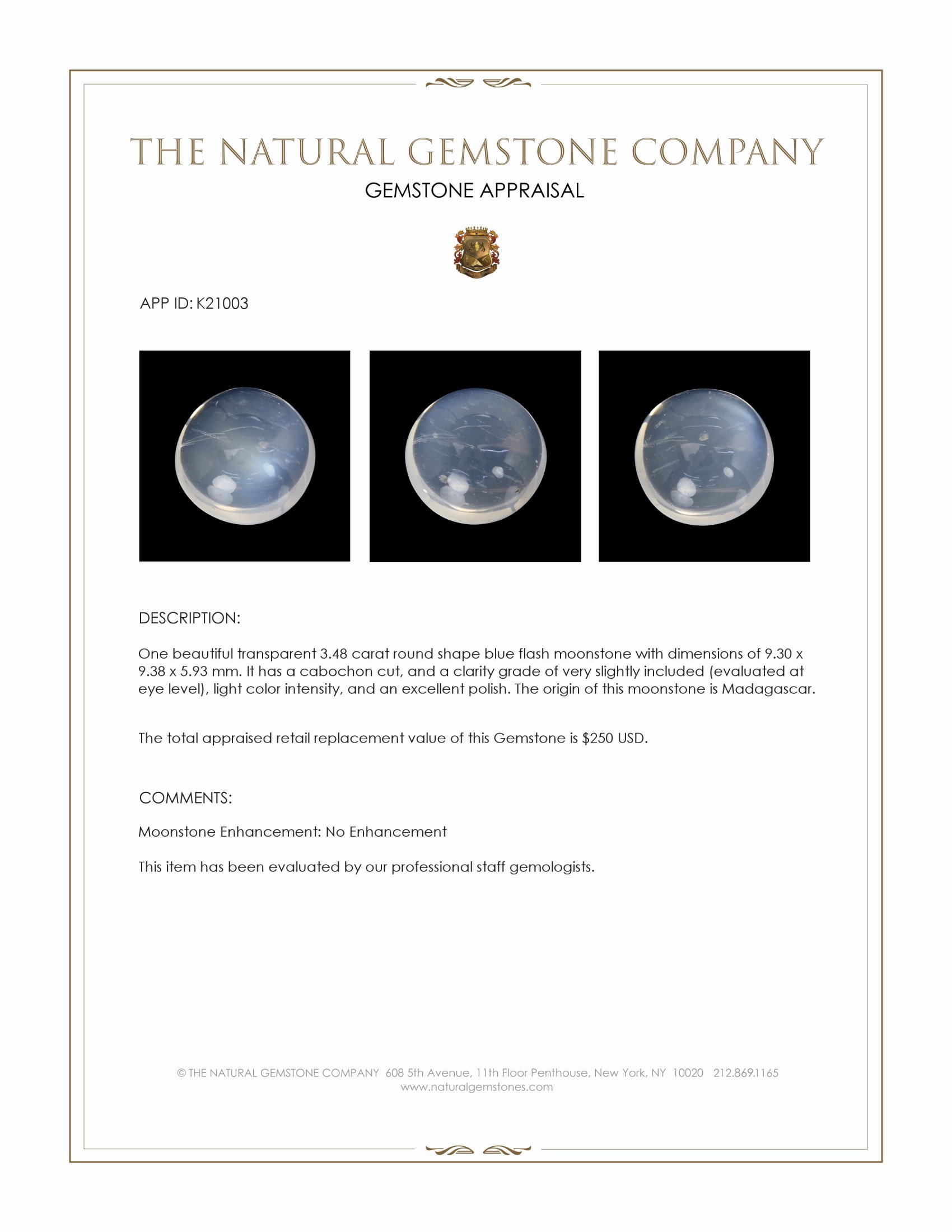 3.48 Ct. Blue Flash Cabochon Moonstone from Madagascar