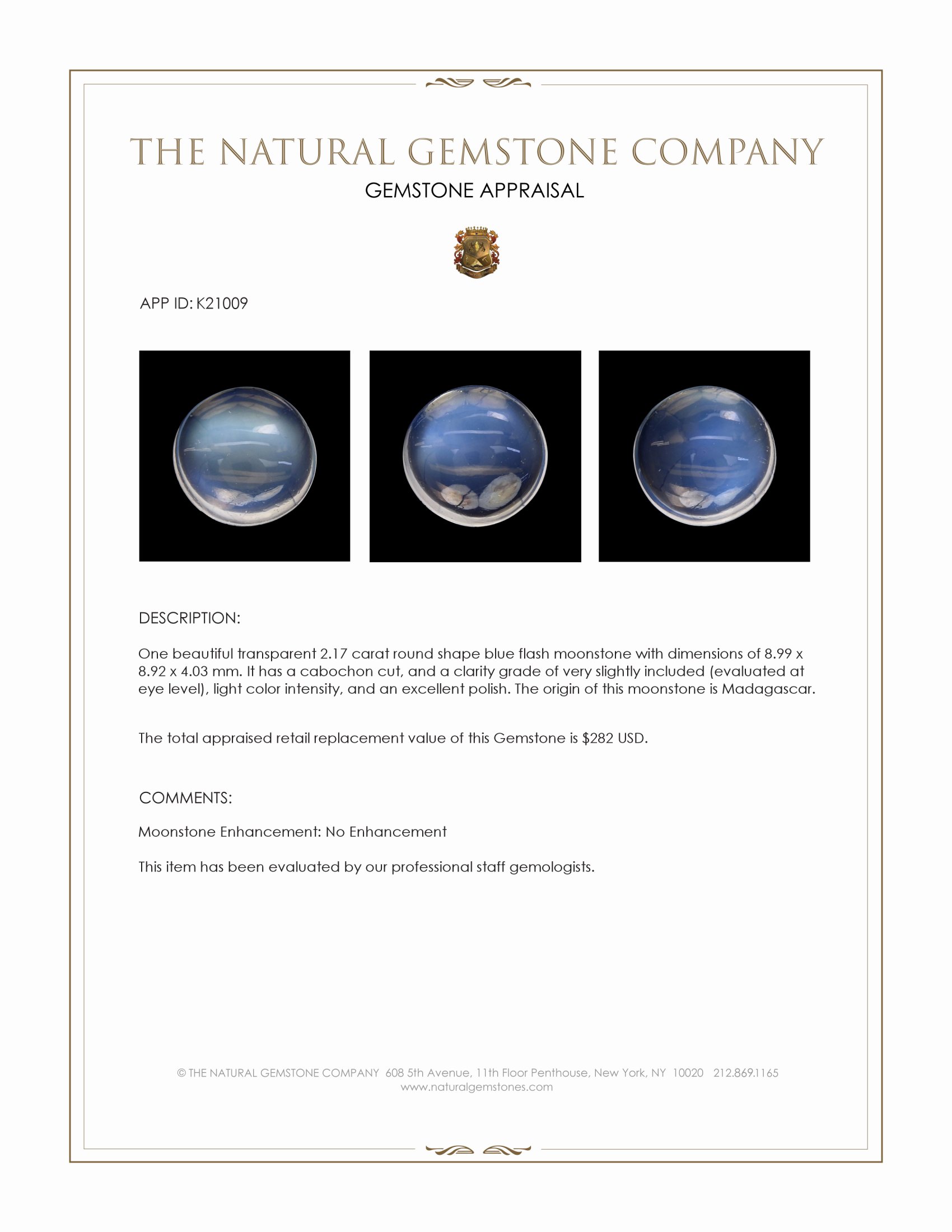 2.17 Ct. Cabochon Moonstone from Madagascar