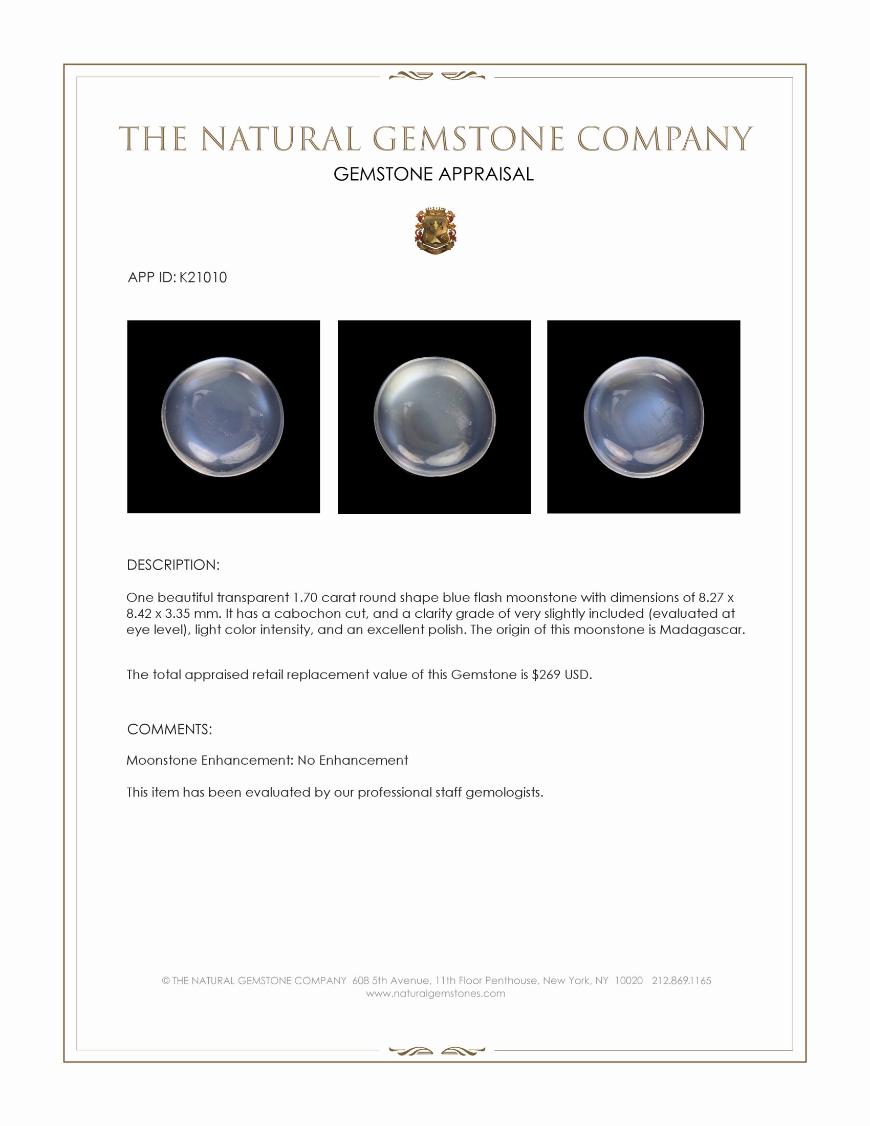 1.70 Ct. Cabochon Moonstone from Madagascar