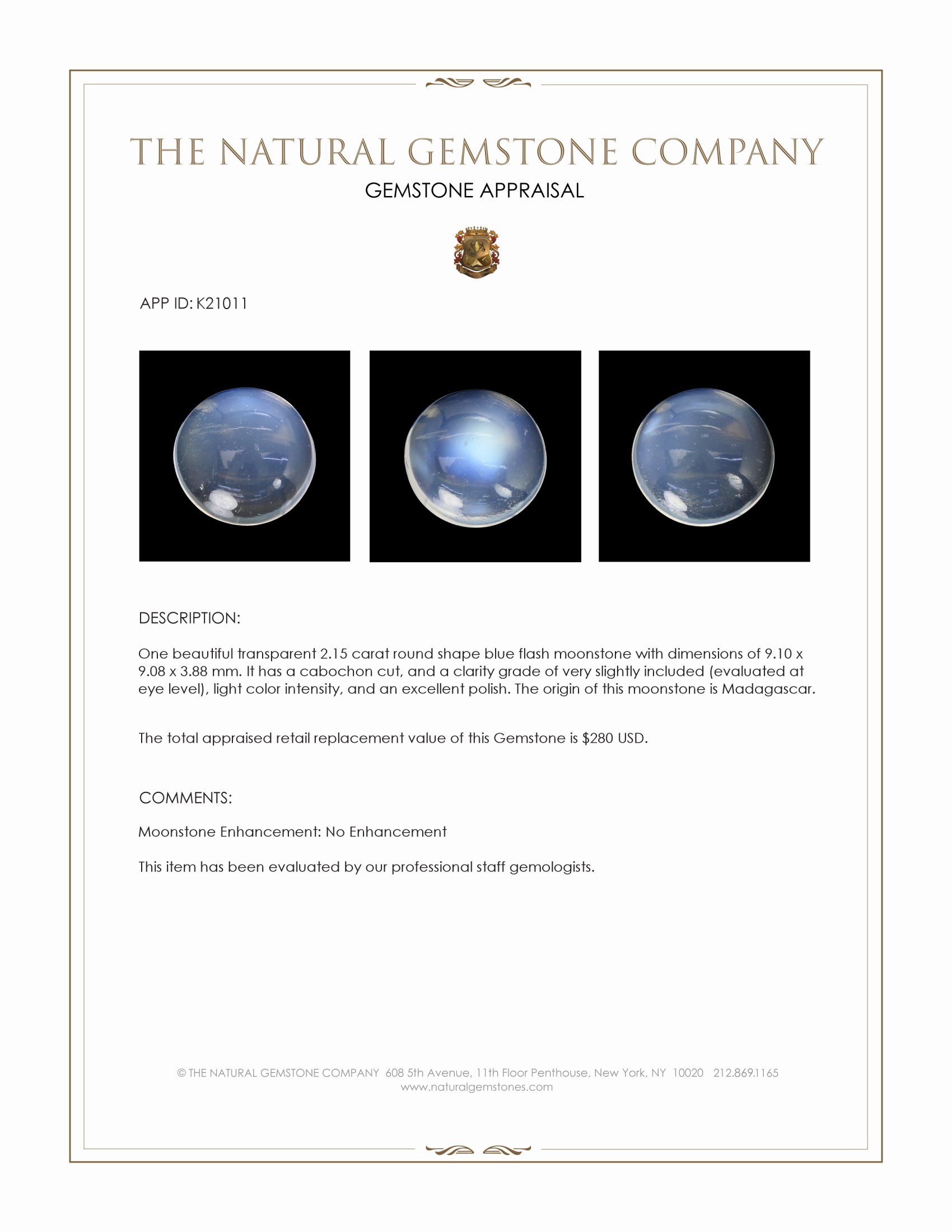 2.15 Ct. Blue Flash Cabochon Adularescence Moonstone from Madagascar