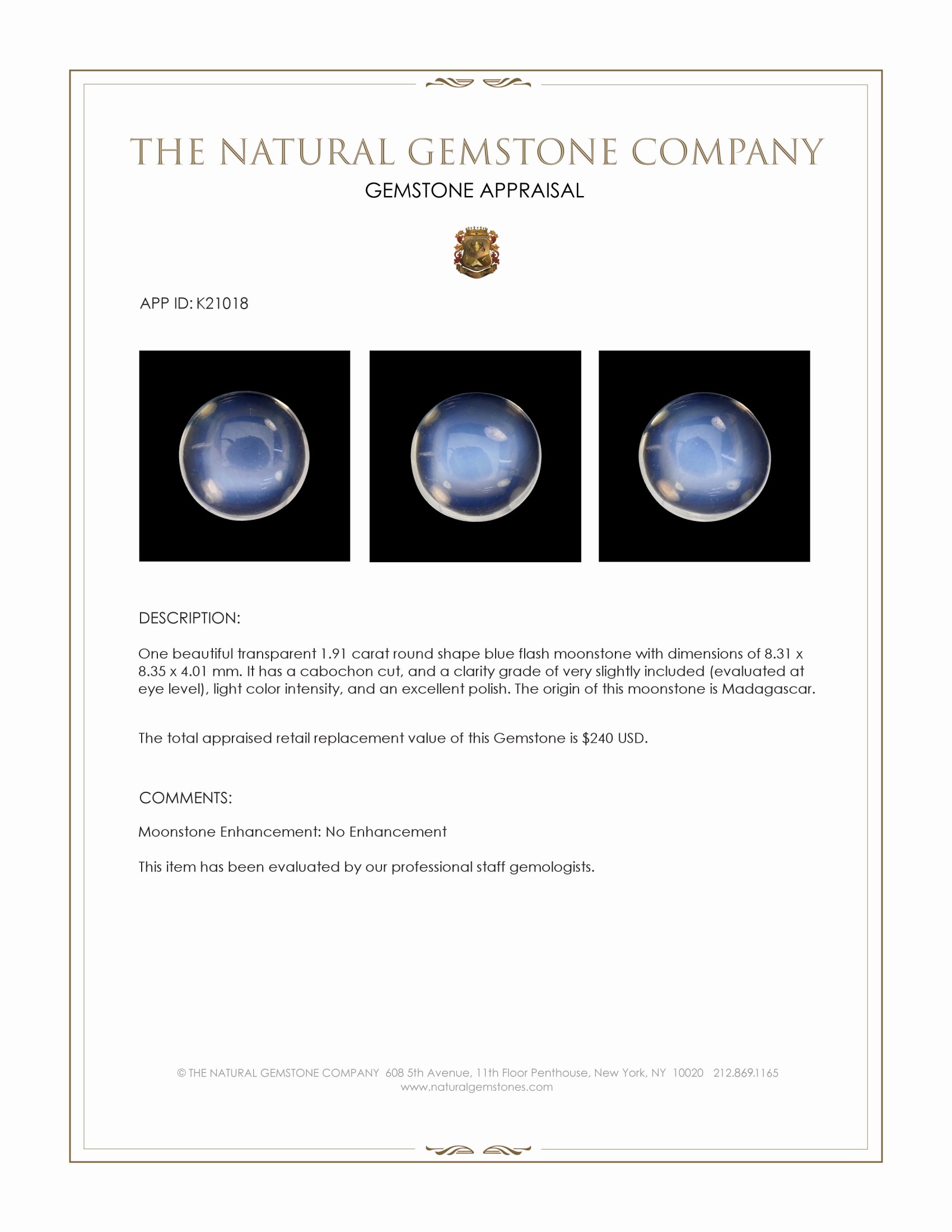 1.91 Ct. Cabochon Moonstone from Madagascar