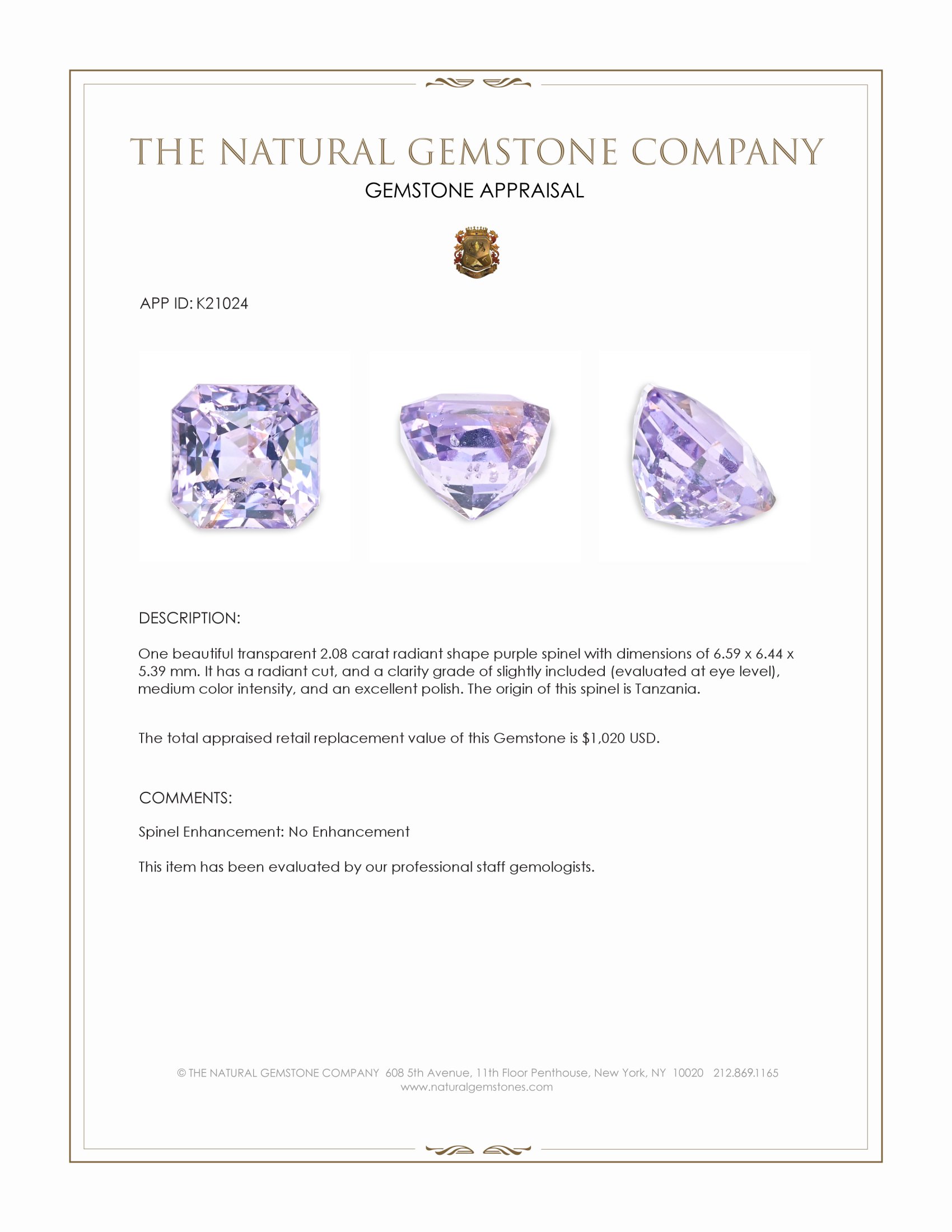 2.08 Ct. Spinel from Tanzania